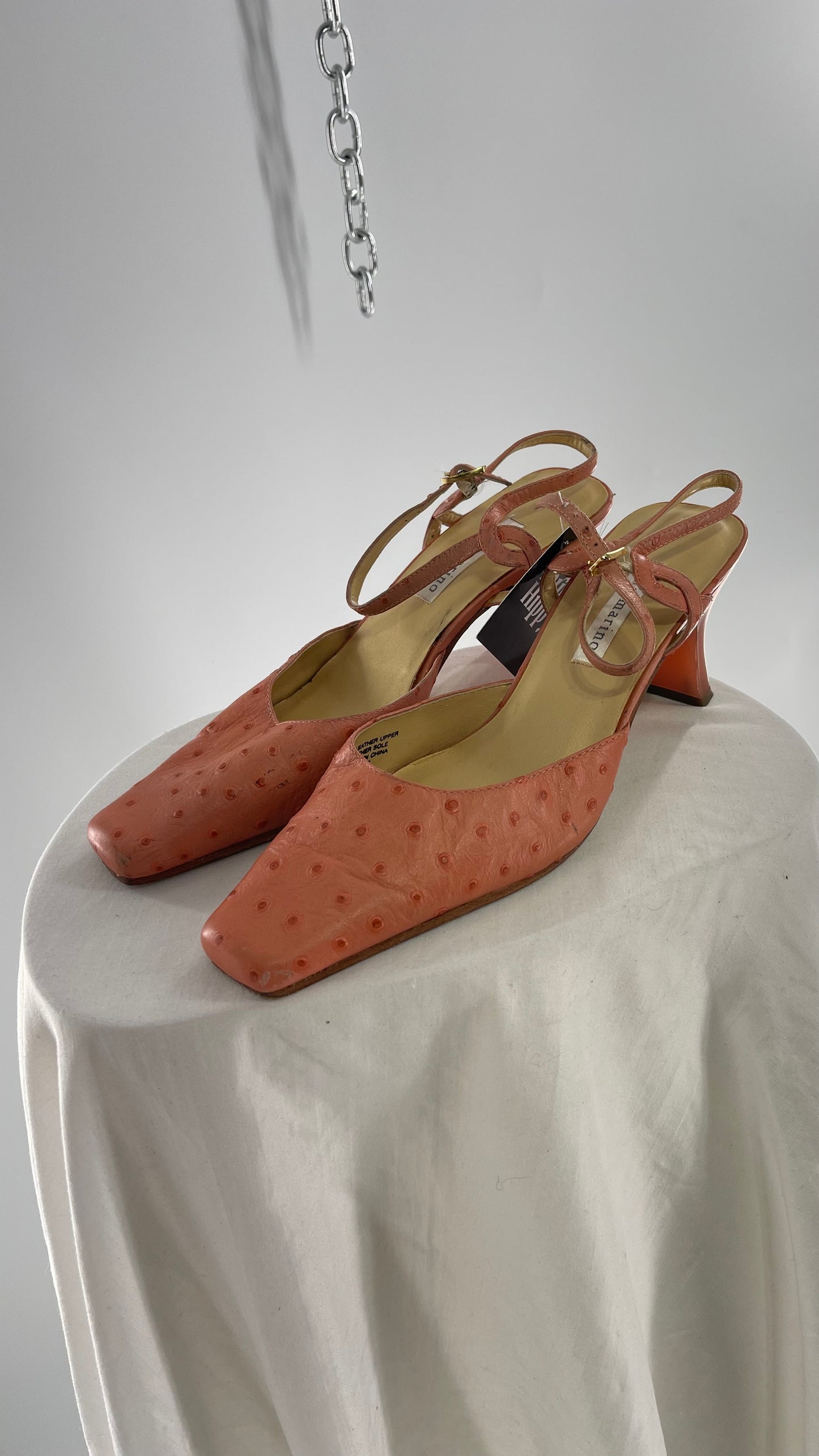 Vintage 1990s Ann Marino Pink Peach Genuine Leather Sling Back Pointed Square Toe Kitten Heel (8)