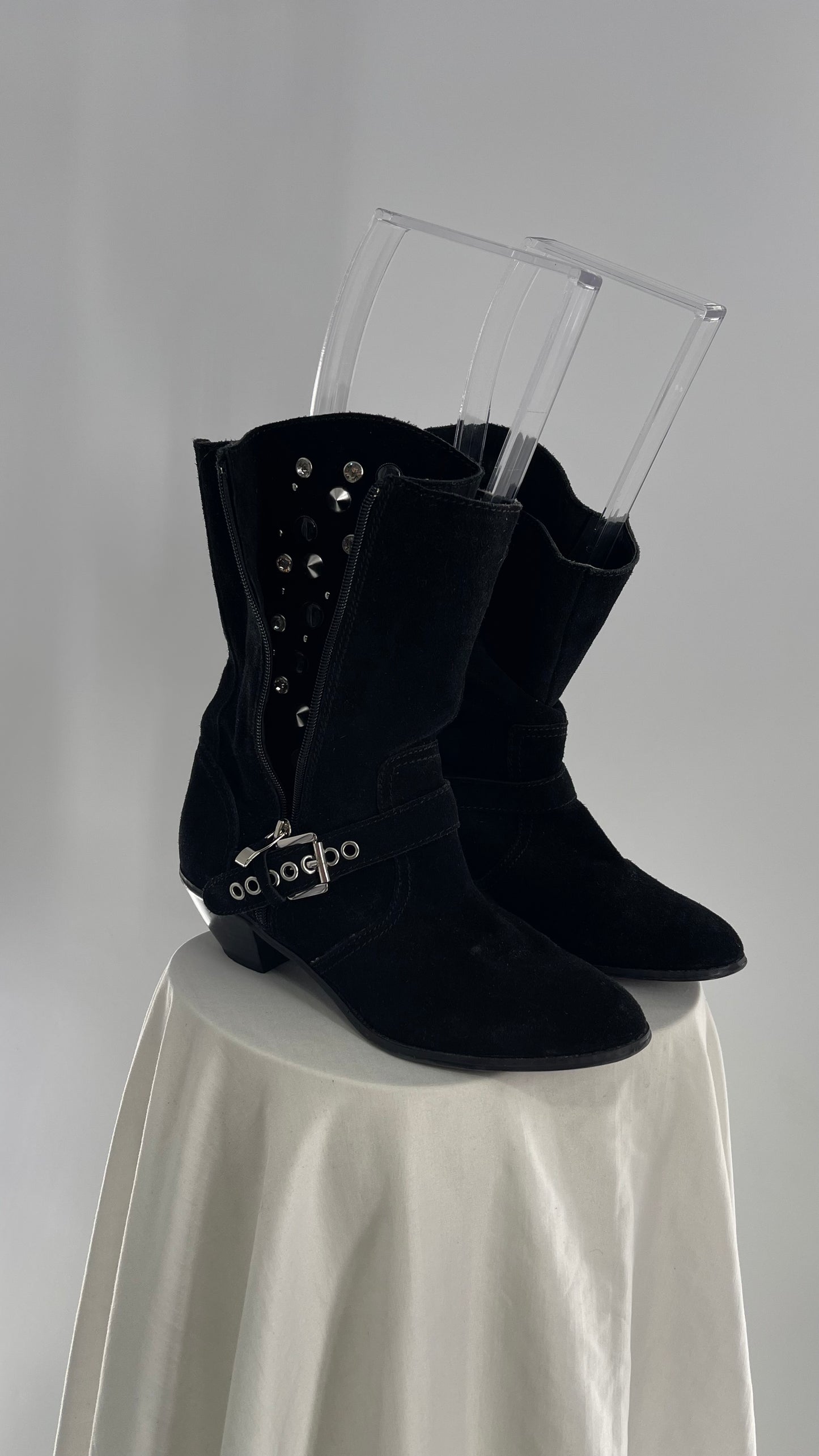 Vintage Black Suede Cowboy Boots with Buckle and Zip Up, Rhinestone Studded Details (8.5)