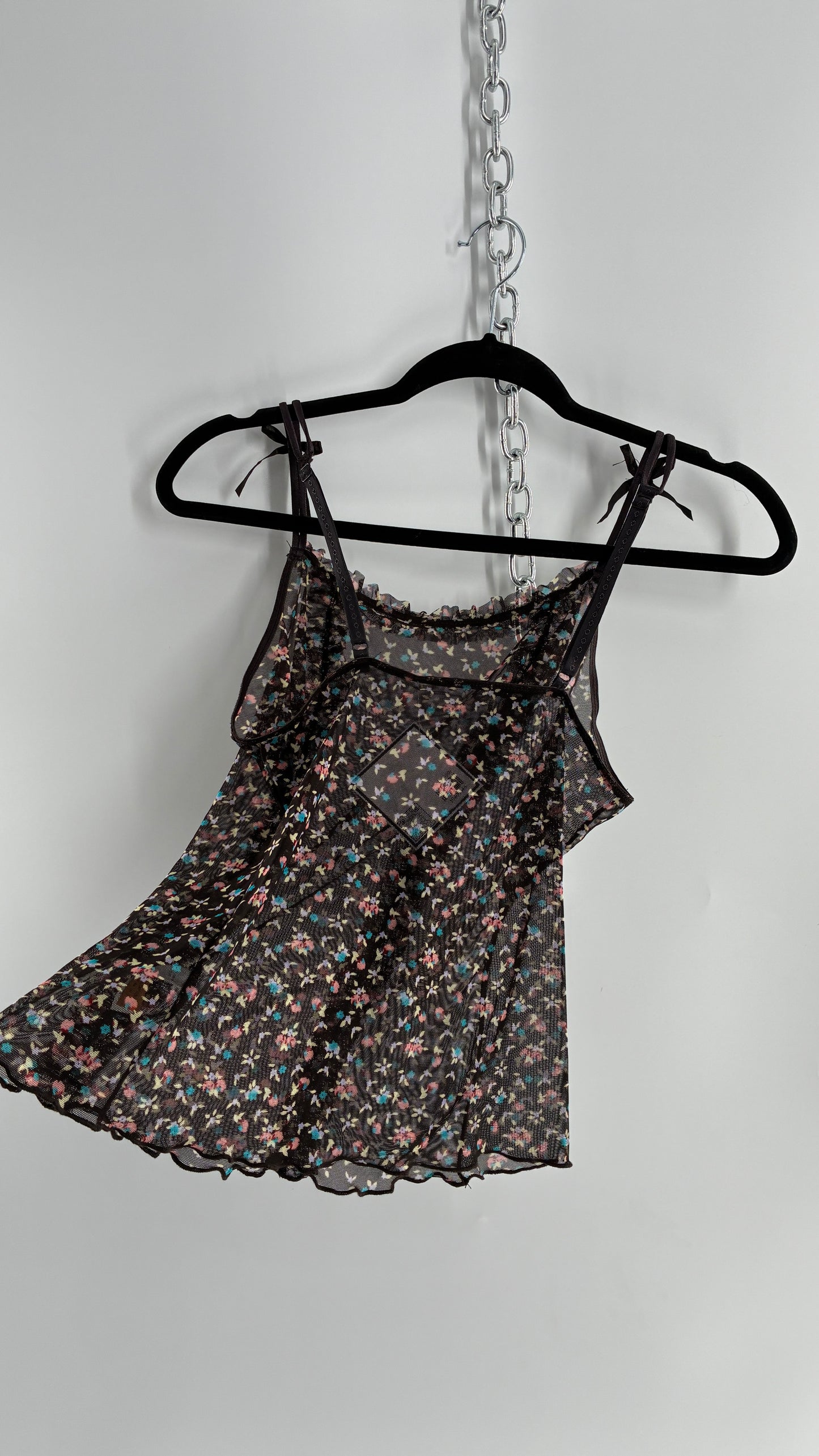 Vintage Donna L’Orèn Gold Label Dark Brown Floral Mesh Camisole (Large)
