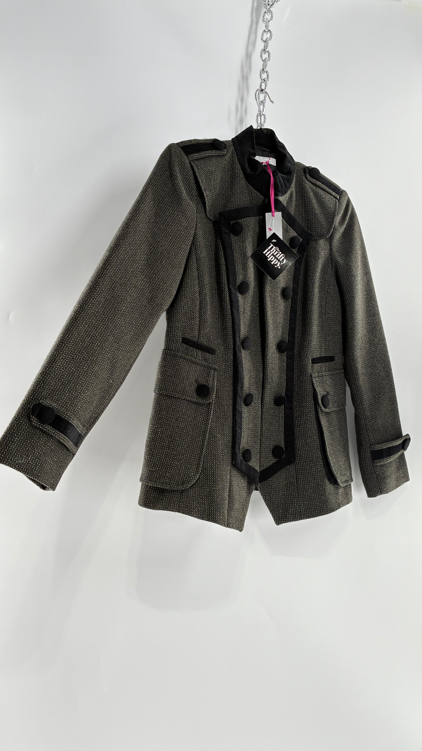 Deadstock Vintage PER UNA 41% Wool Grey Drummer Military Jacket with Black Velvet Piping and Tags Attached (12)