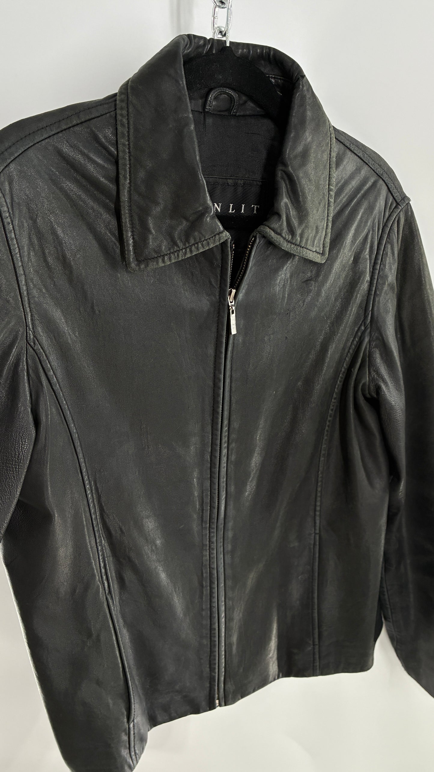 Vintage WINLIT New York Black Leather Collared Zip Front Paneled Jacket (Large)