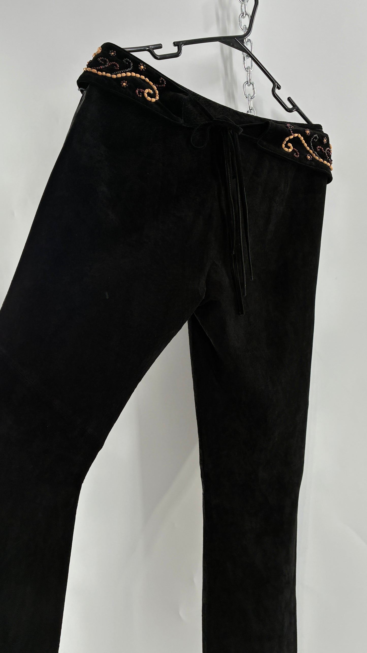 Vintage Margaret Godfrey Black Genuine Suede Leather Kick Flares with Wide Beaded Belt (10)