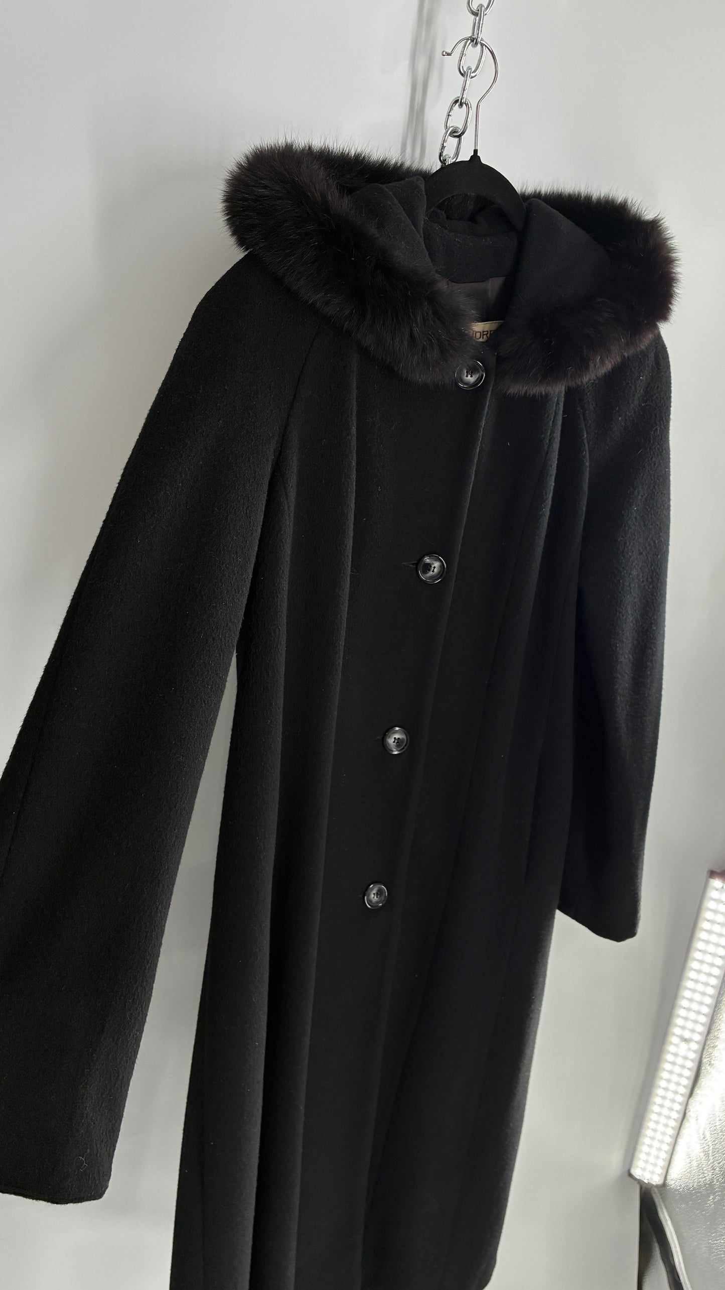 Vintage ANDREA COLLECTION Black Wool Blend Full Length Coat with Fur Trim Hood (12)