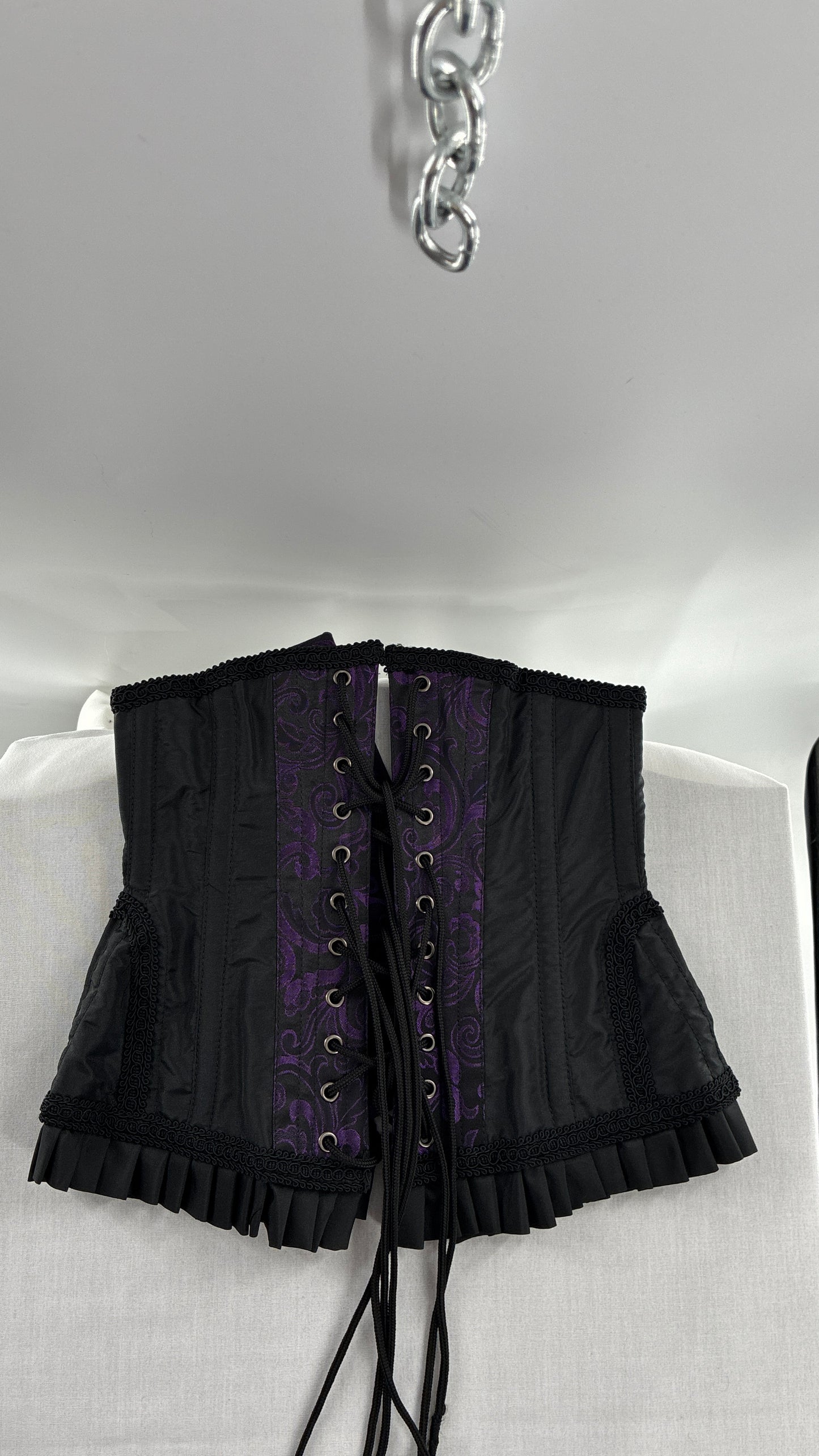 Vintage Black and Purple Brocade Corset with Pleated, Ruffled Hem (Sz 22)