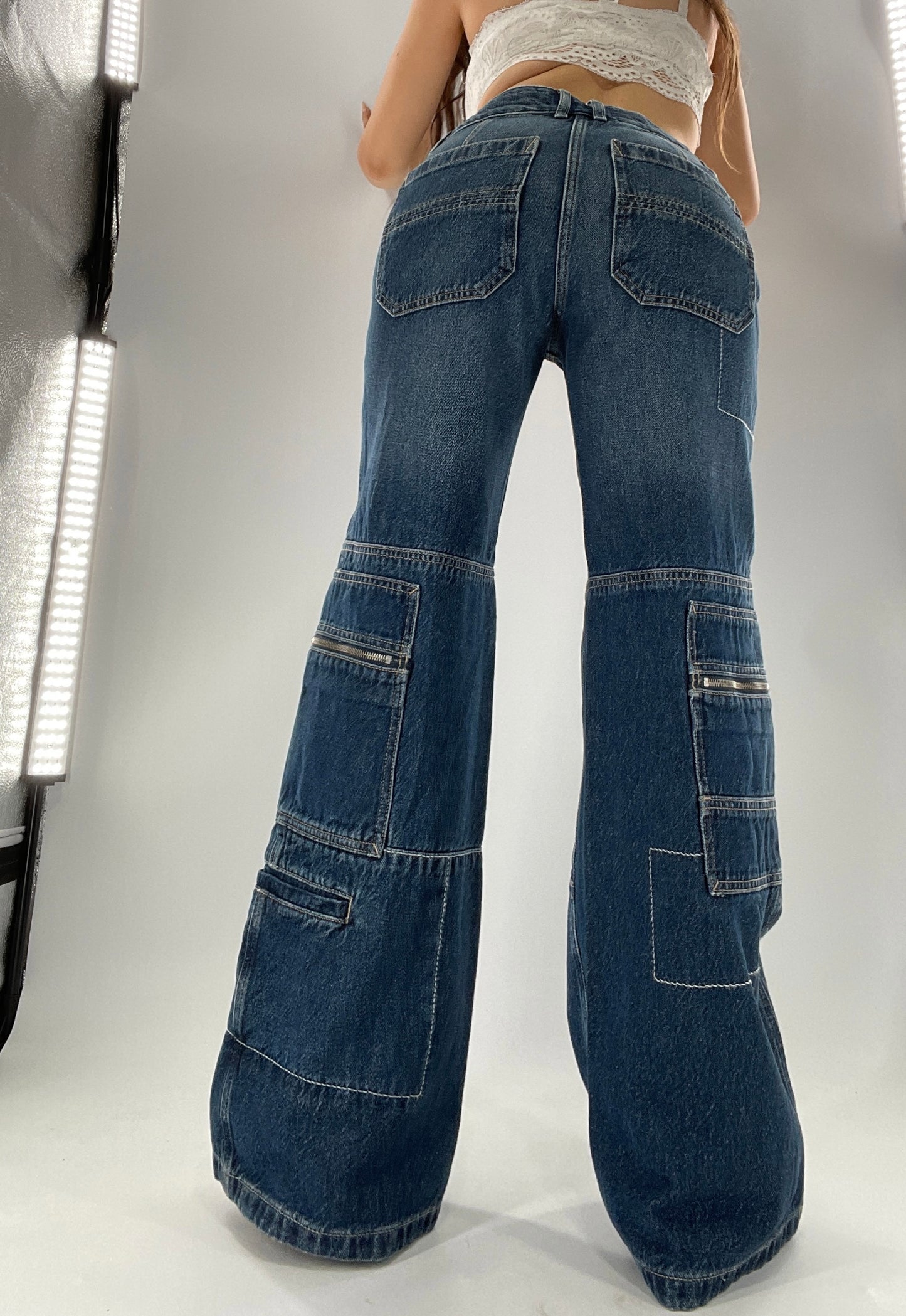 Free People Medium Wash Baggy Straight Legs Jeans Covered in Zippers, Pockets, Stitching (28)