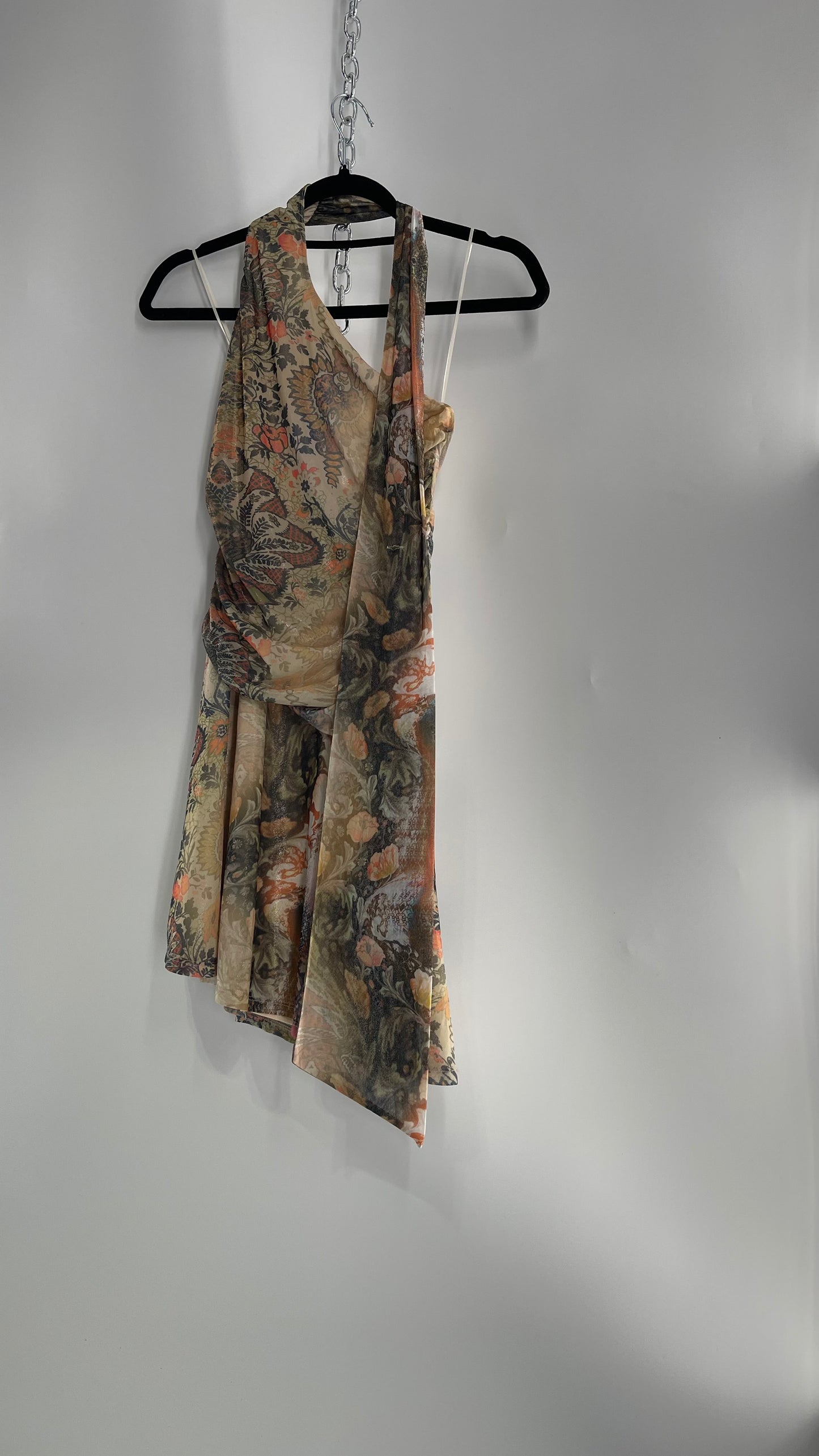 Urban Outfitters All Over 90s Tattoo Graphic Neck Tie Mini Dress with Asymmetric Hem (Medium)