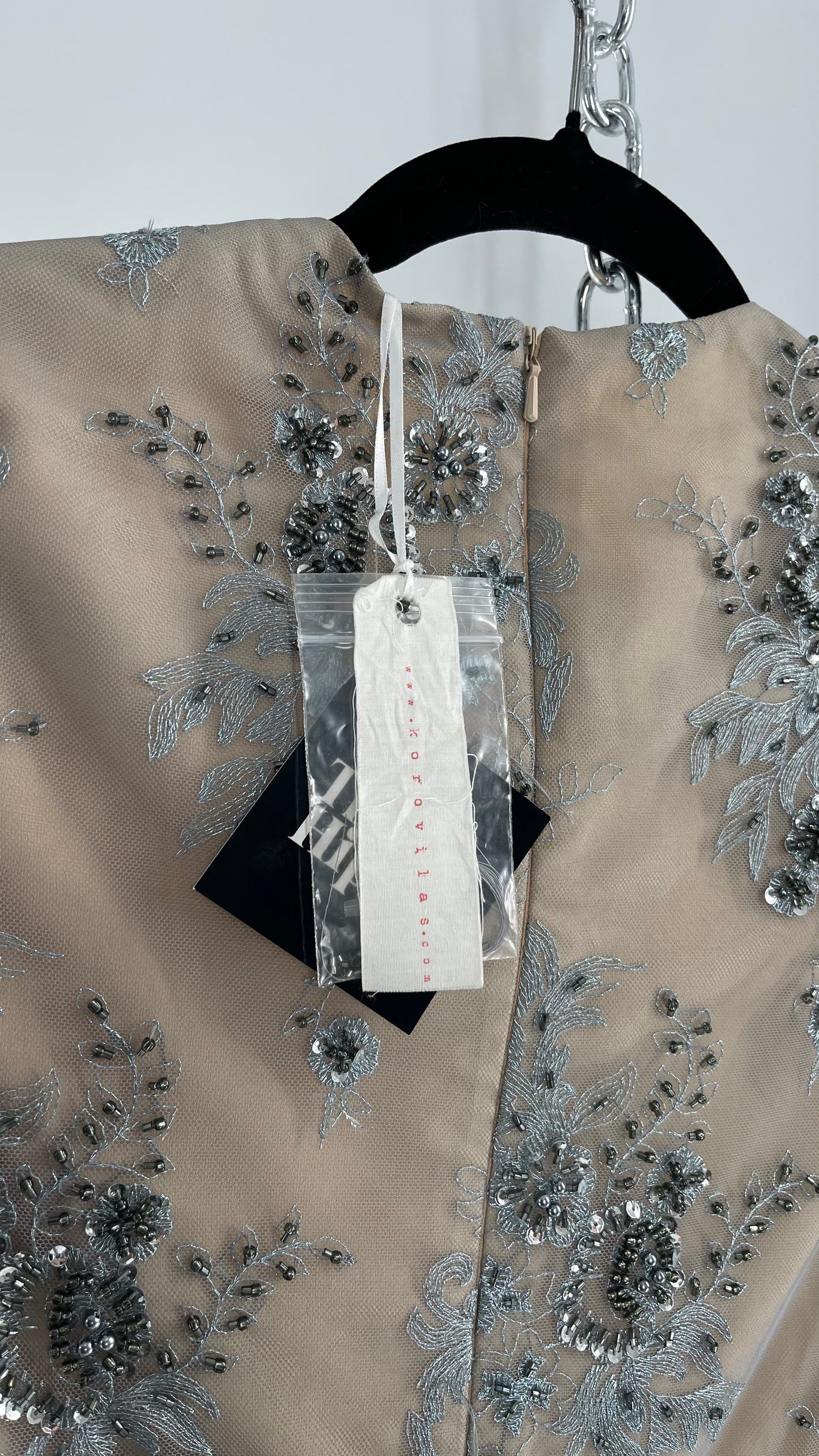 Koravilas Anthropologie Grey Mesh Embroidered Lace Long Sleeve Beaded Dress (4)