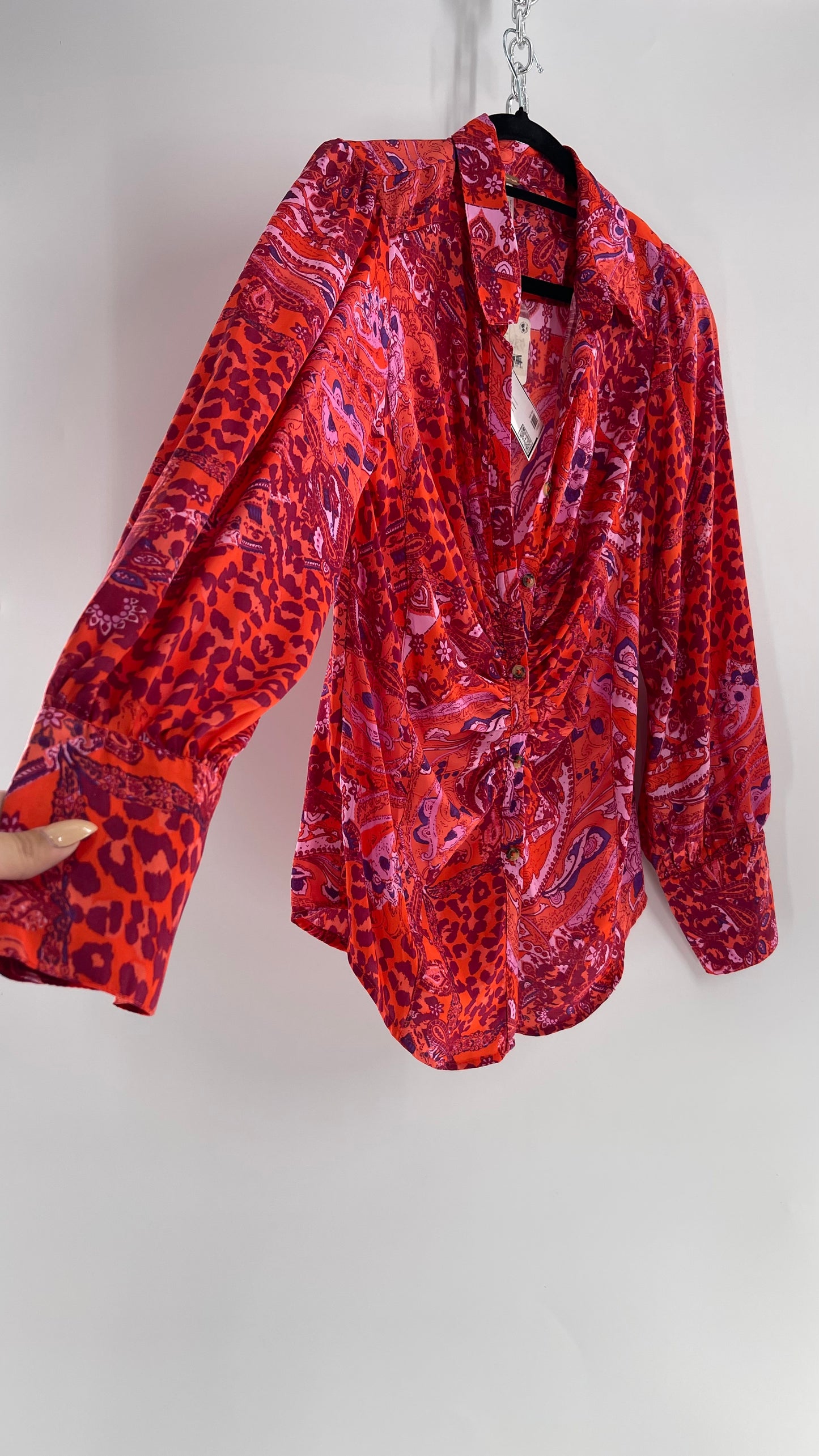Free People Red, Neon Orange Leopard Paisley Patterned Button Front(Medium)