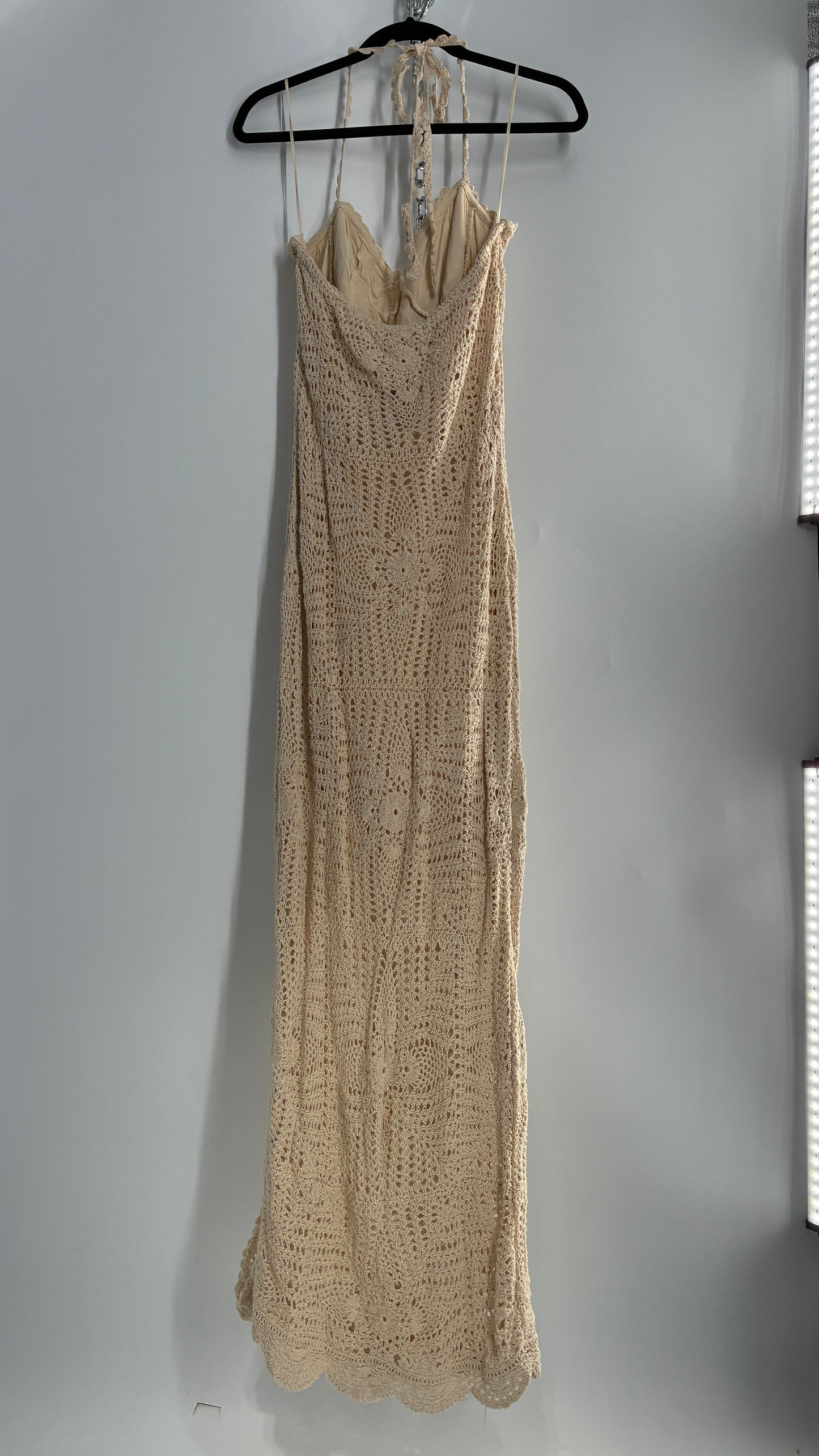 Free People Beige Crochet Knit Máxi Dress (Large)