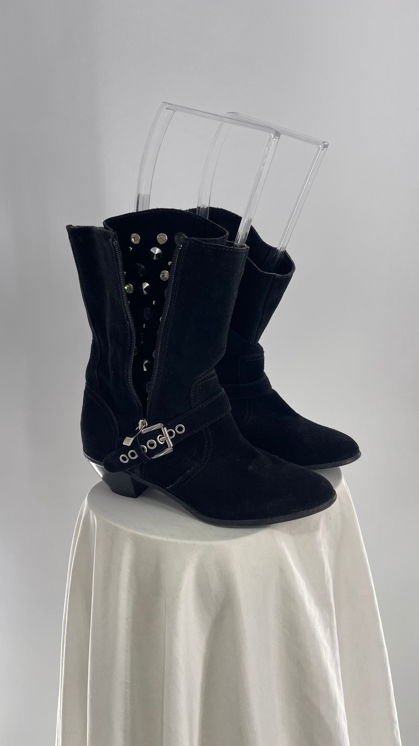 Vintage Black Suede Cowboy Boots with Buckle and Zip Up, Rhinestone Studded Details (8.5)