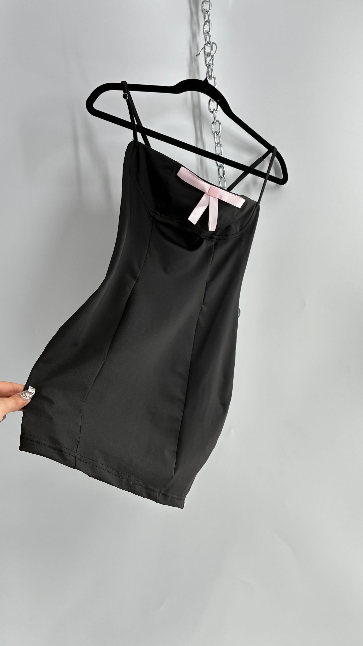 Edikted Black Satin Underbust Panel Mini Dress with Baby Pink Bow and Tags Attached (XS)