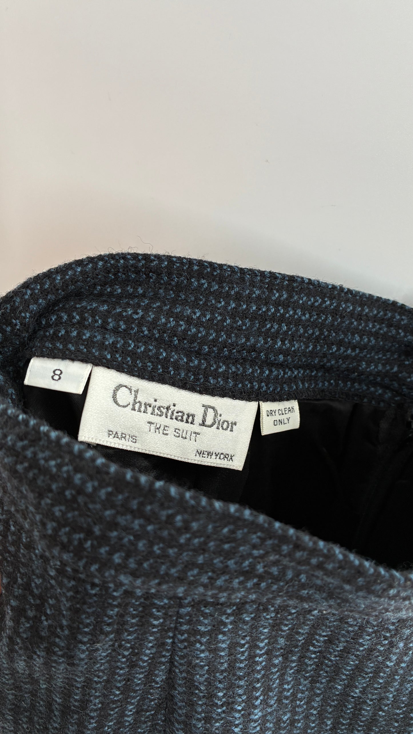 Vintage CHRISTIAN DIOR Navy Woven Maxi Skirt and Oversized Lapel Style Blazer with Padded Shoulders (8)