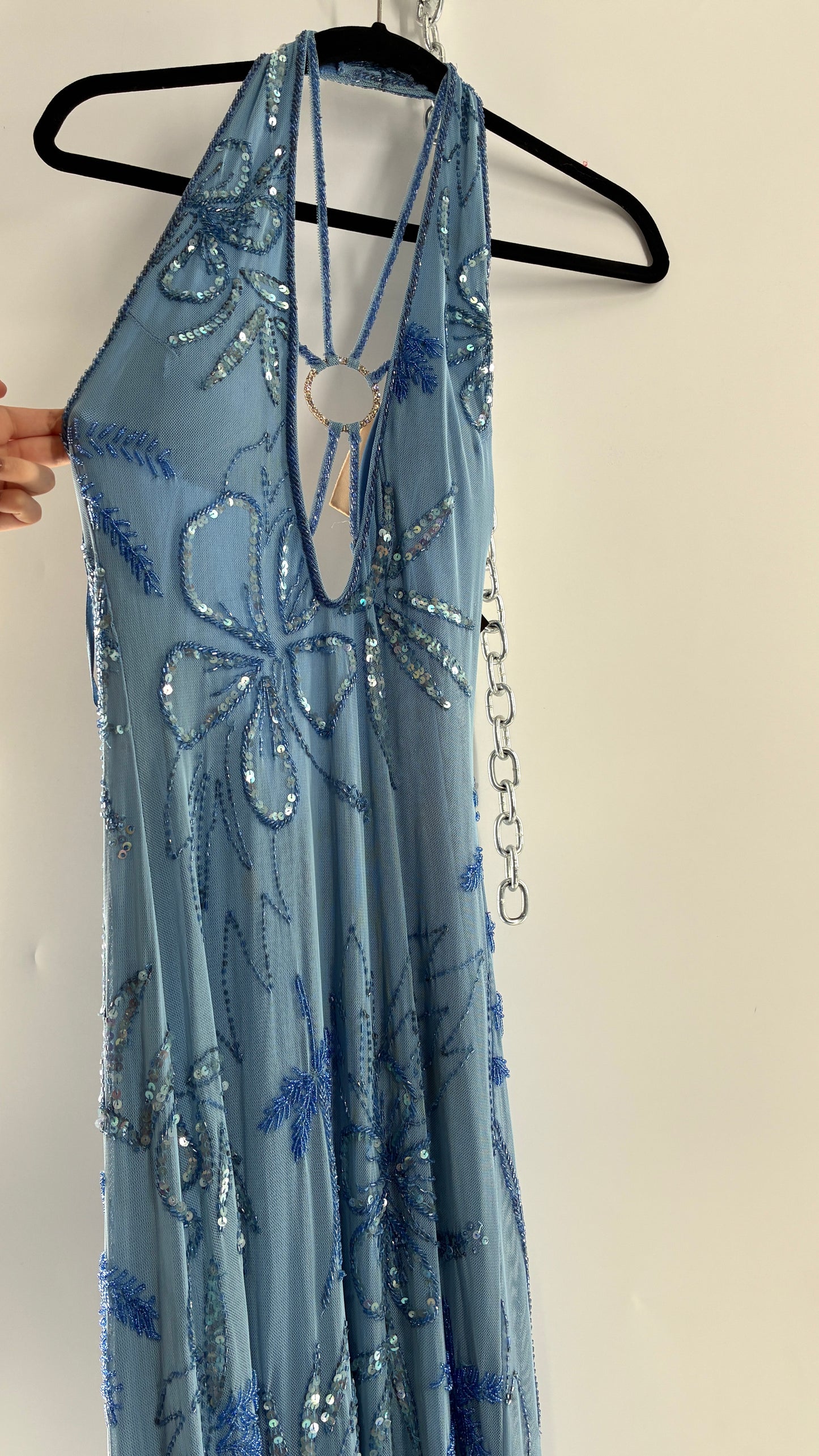 Vintage 1990s Powder Blue Gown Covered in Beaded Appliqué Tropical Designs with Strappy Bust and Low, Open Back (S/M, stretchy no size marked)
