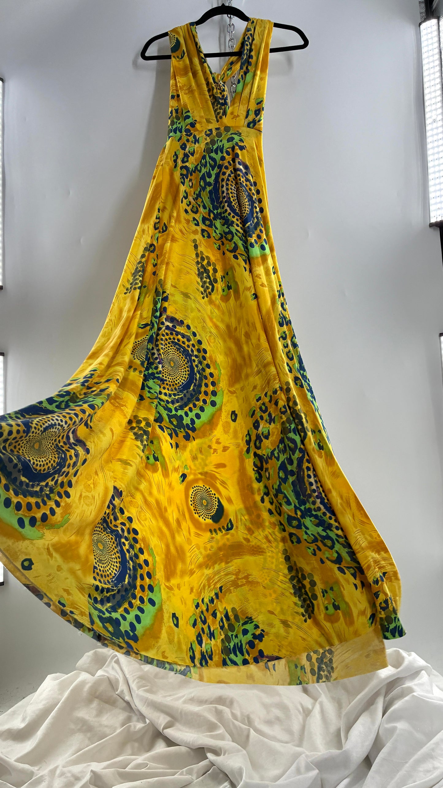 Vintage NARCISA LANG Lycra Full Length, Backless Yellow Dress with Graphic Pattern (XS/S)