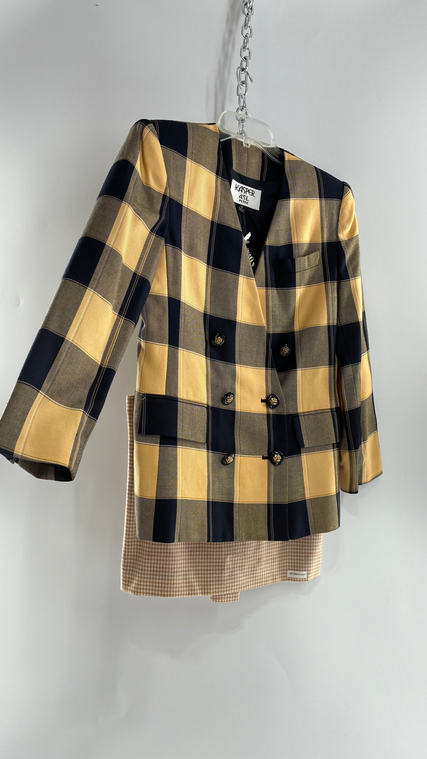 Vintage Suit Set with Yellow Plaid Double Breasted KASPER A.S.L Blazer and Upcycled Wool Mini Skirt (6)