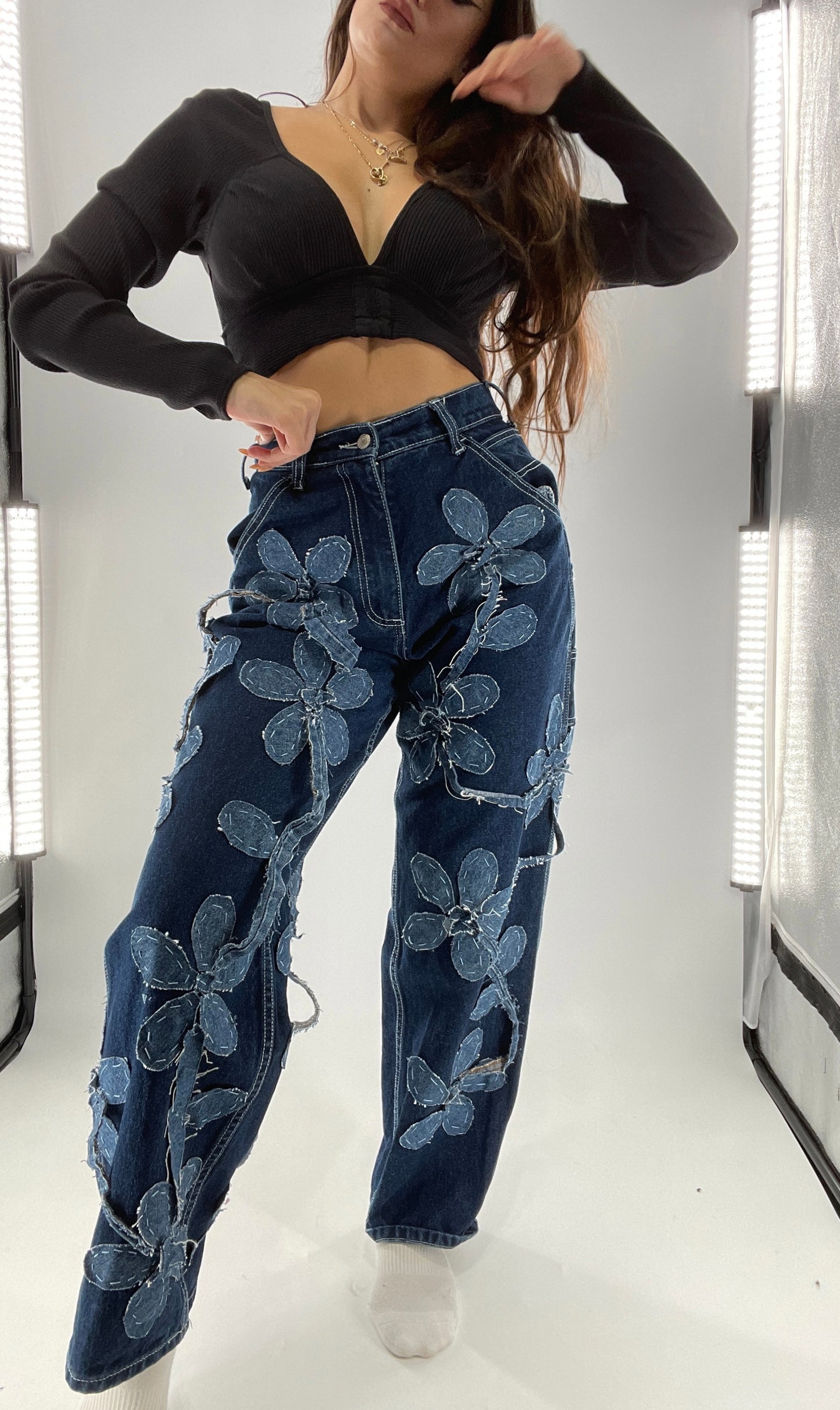 Handmade CUSTOM Dual Denim Tone Floral Vine Cargo Denims (S)