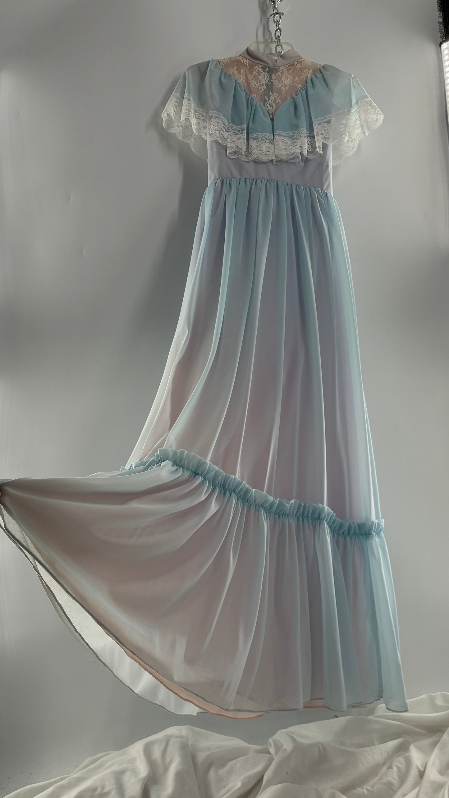 Vintage Handmade 1960s Powder Blue Overlay, Lilac Underlay Gown, Prairie Wedding Dress