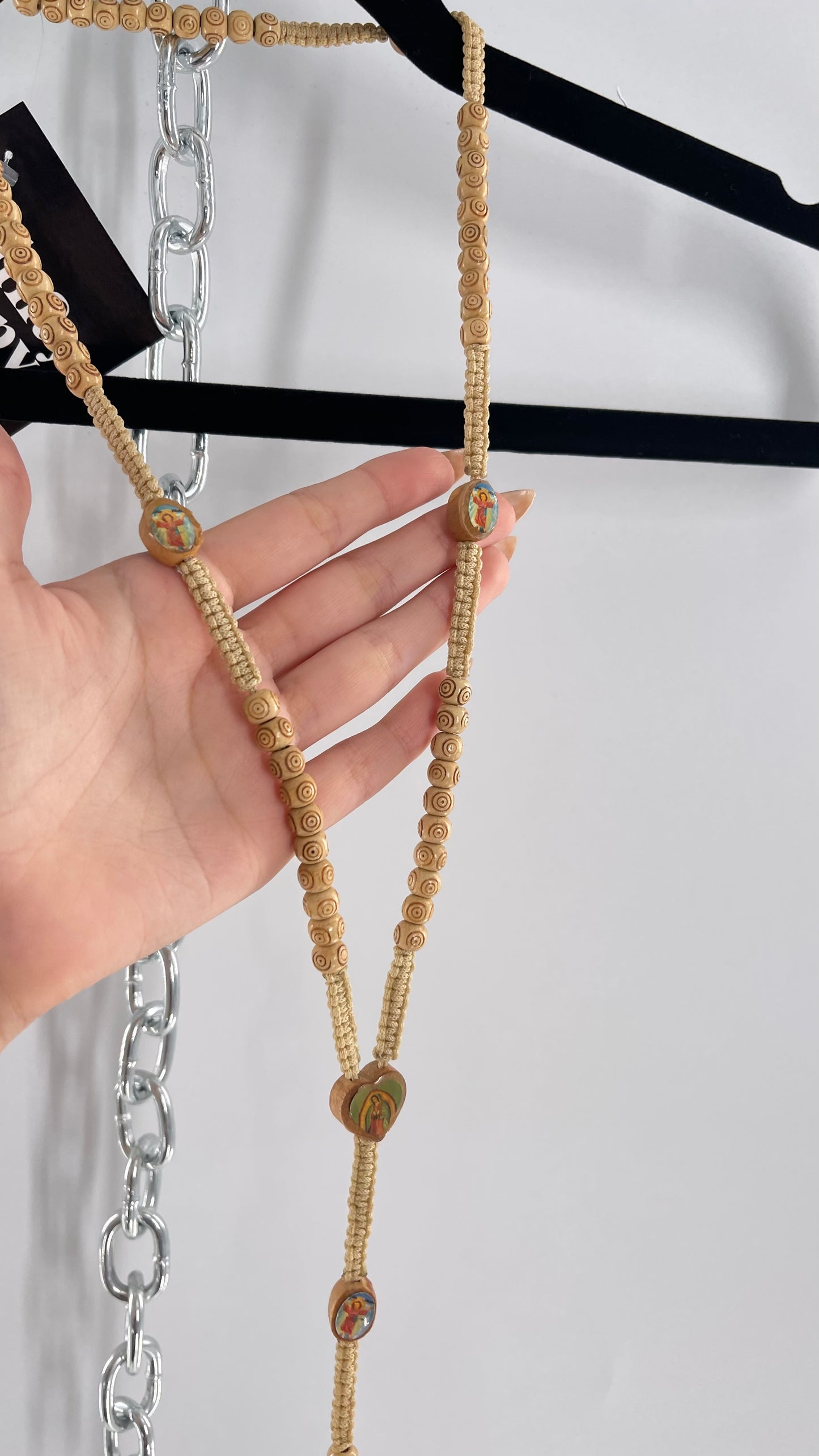Vintage Beige Toned Rope Rosary Necklace Prayer Beads