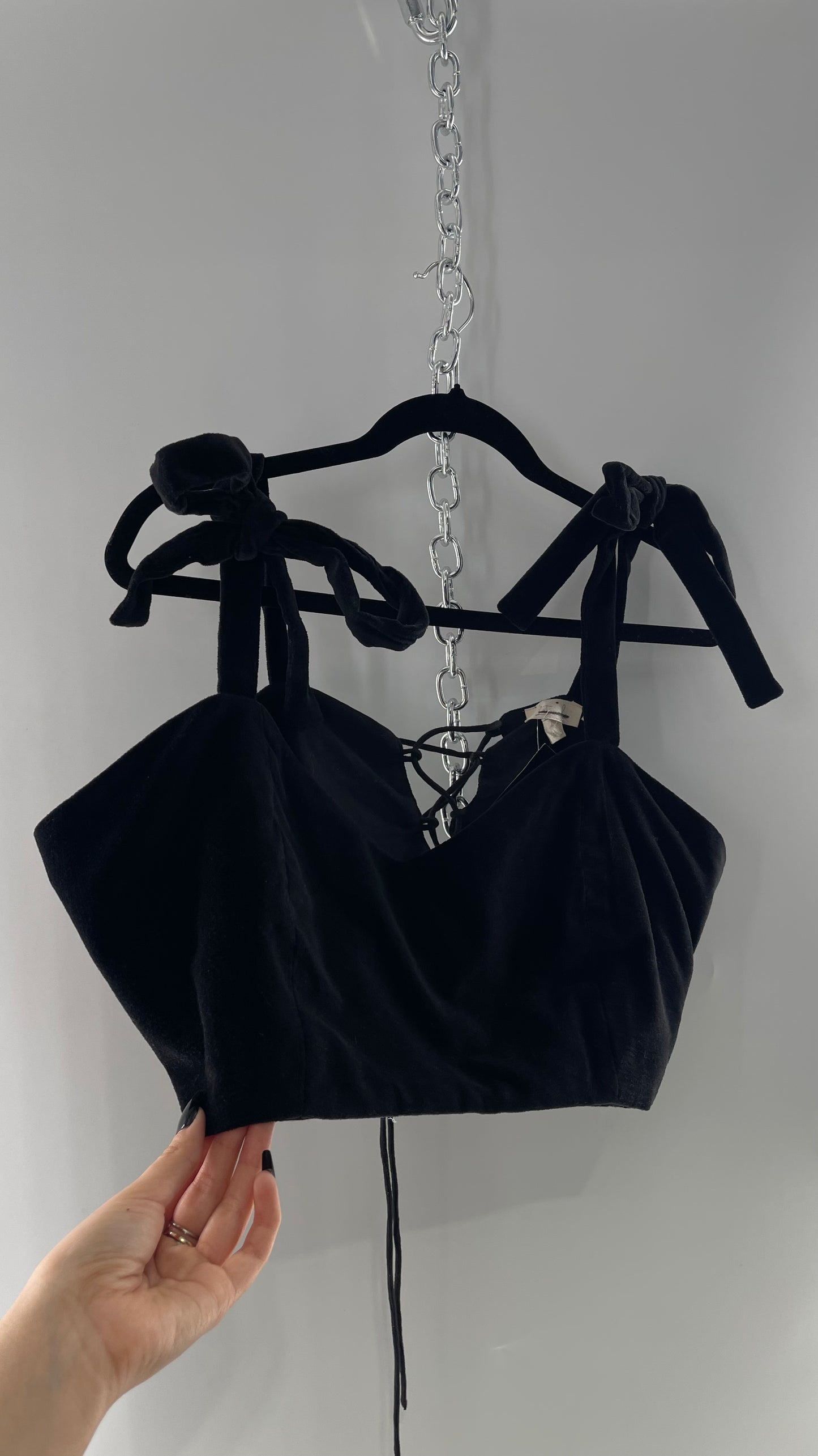 Letmebe Anthropologie Black Velvet Cropped Tank with Delicate, Romantic Tie Shoulders and Lace Up Back (XL)