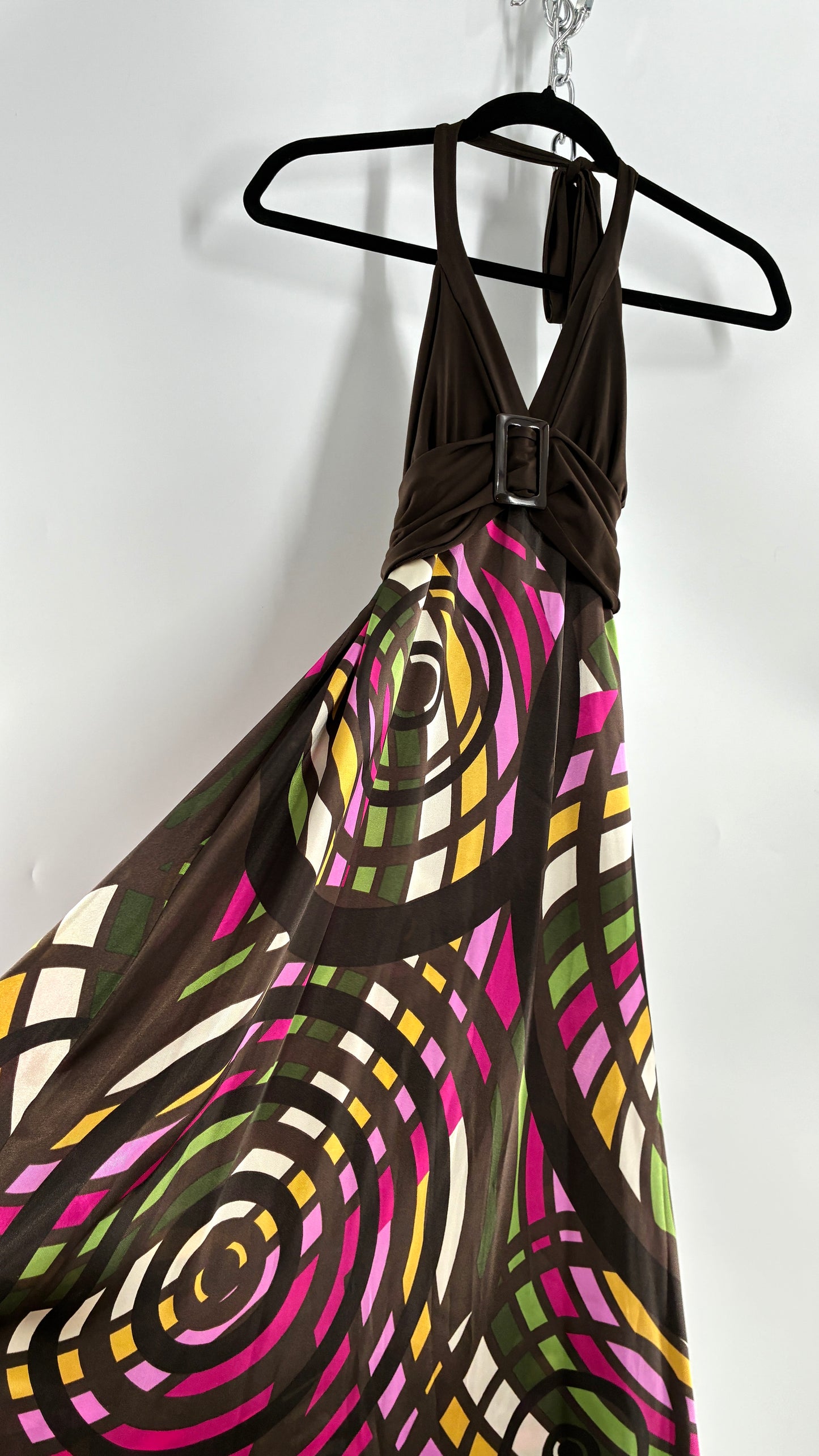 Vintage Candies Brown Patterned Gown with Belted Bust and Halter Neckline (Medium)