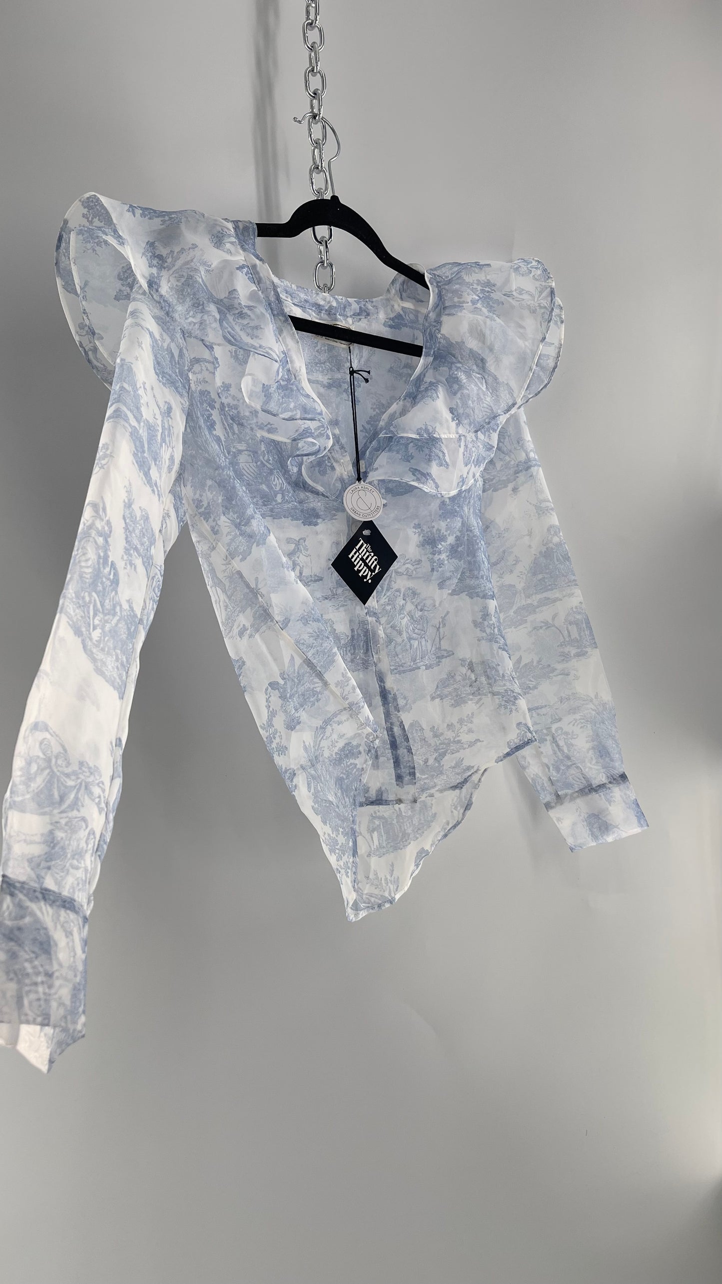 Laura Ashley Urban Outfitters Voile Sheer Ruffled Shoulder Button Up with Blue Vintage Print (XS)