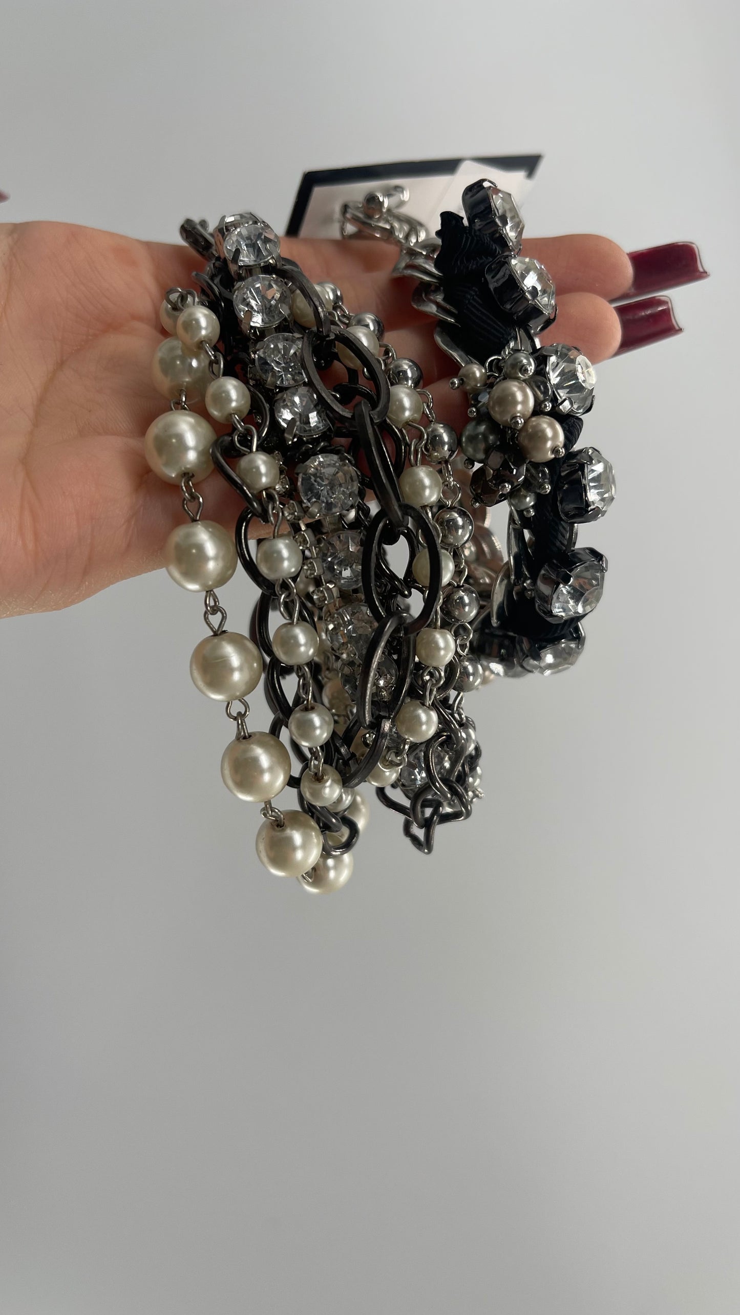 Vintage Heavy Layered Pearl Gunmetal Chain and Oversized Rhinestone 2pc Bracelet Set
