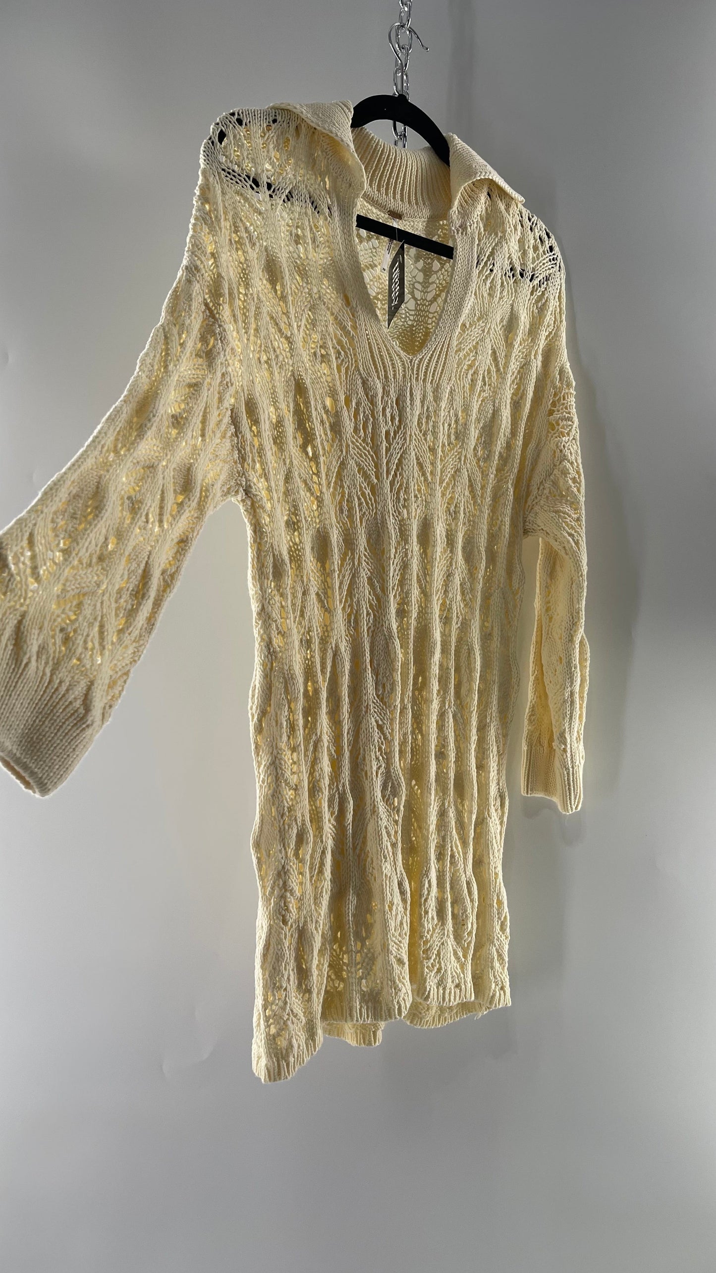 Free People Baby Yellow Comfy n Cozy Open Stitch Knit Sweater Dress (M)