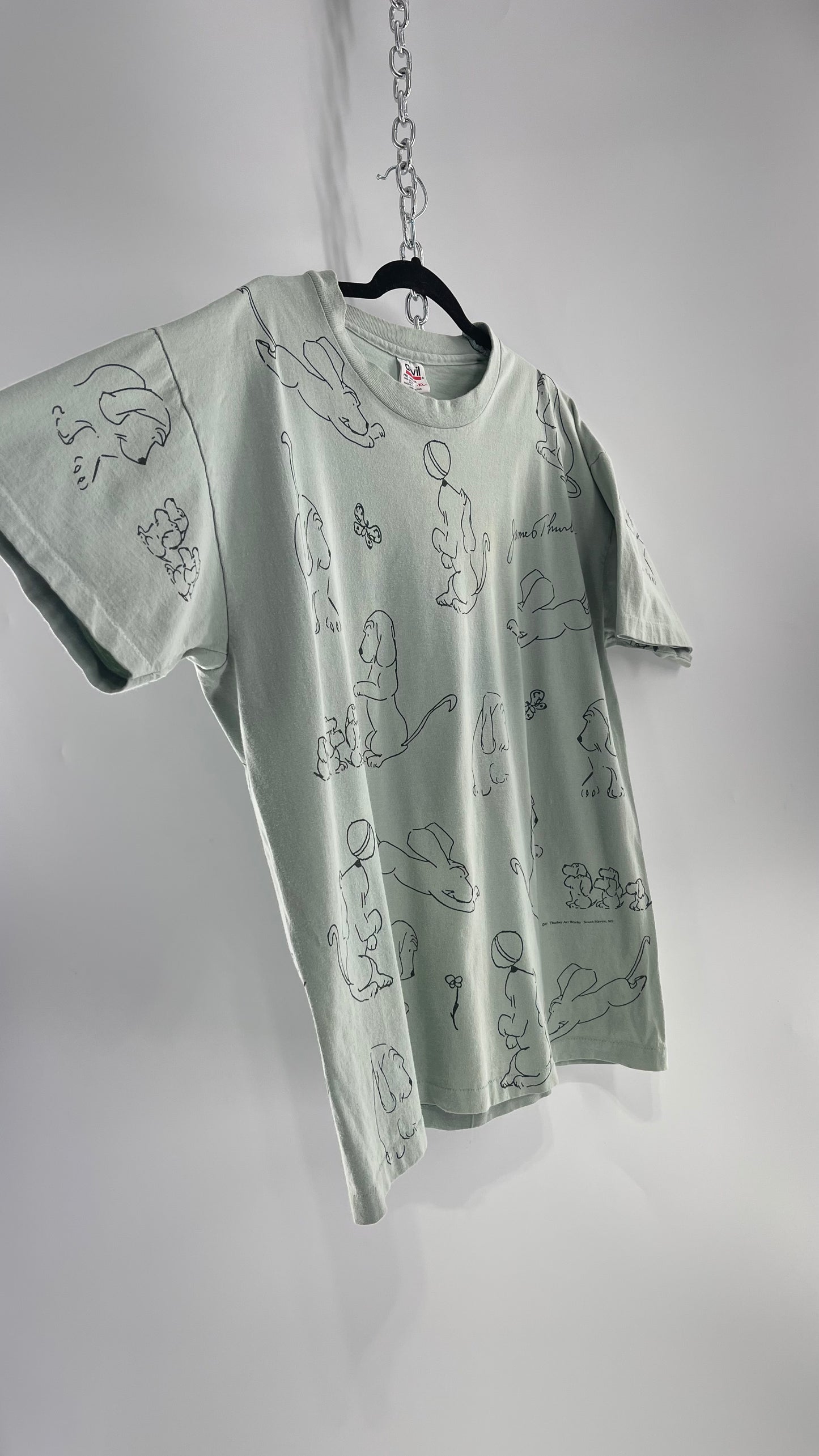 Vintage James Thurber Light Sage Nostalgic Puppy Doodle Comic Sketch T Shirt (XL)