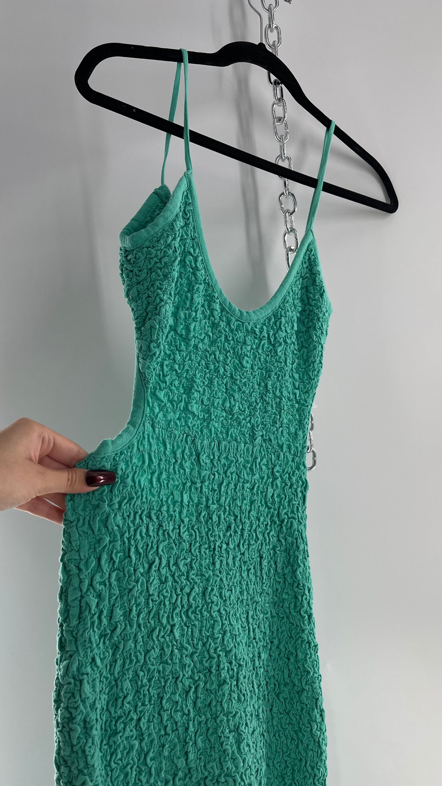 Free People Kelly Green Popcorn Maxi Dress with Low, Open Back Detail (XS)