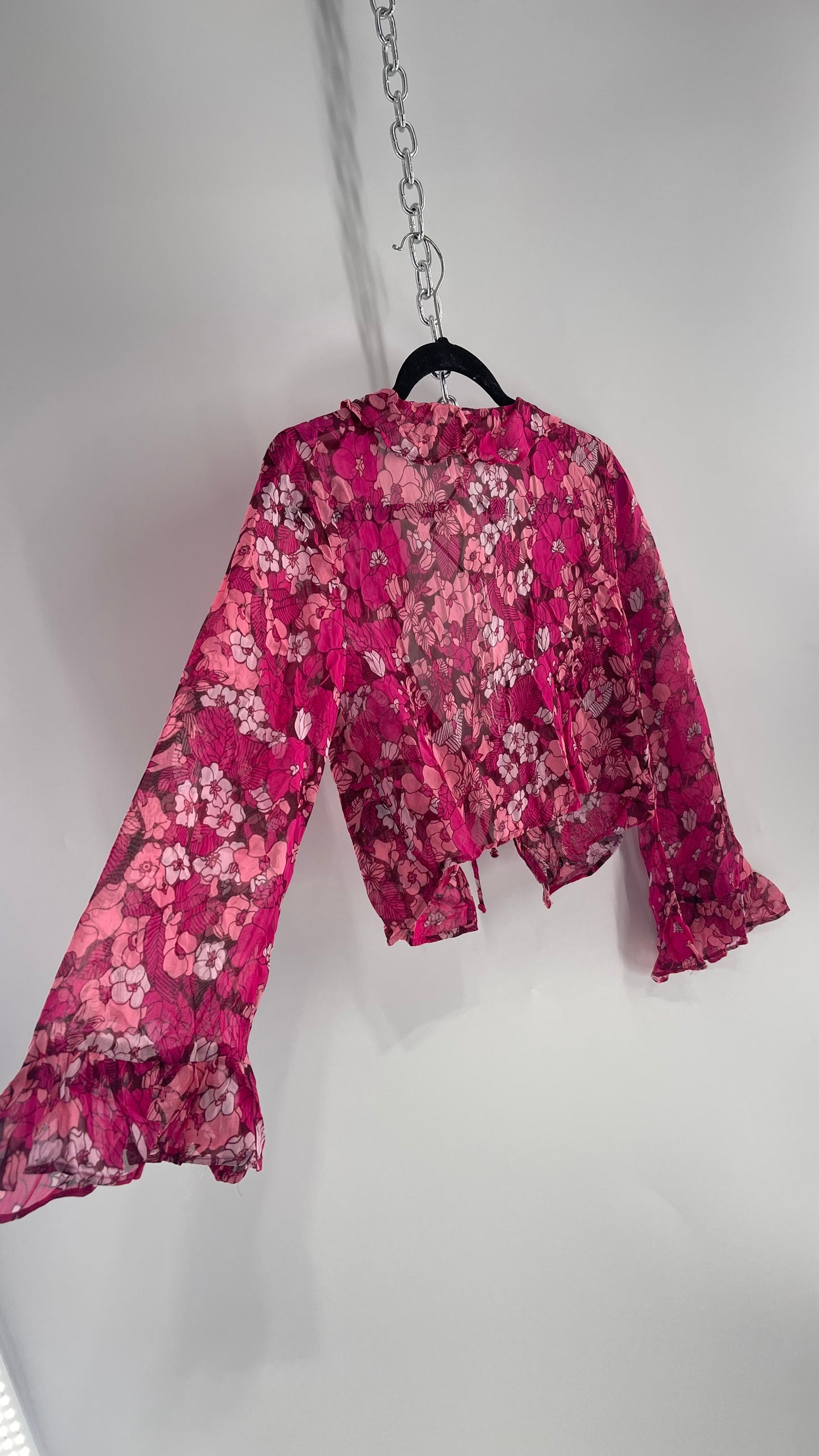 Urban Outfitters Fuchsia 100% Viscose Floral Tie Front, Ruffled Blouse