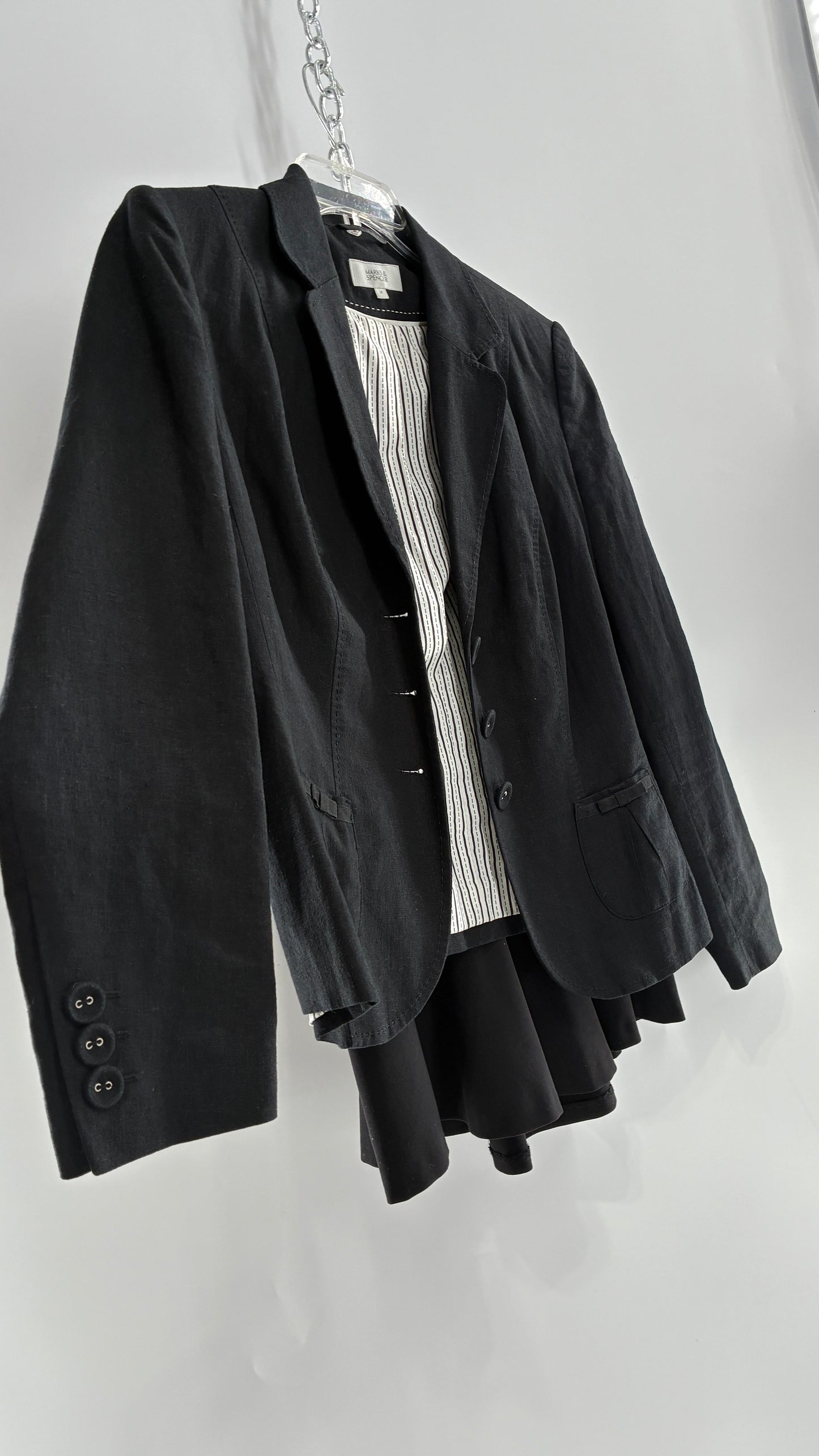 Vintage MARKS & SPENCER Suit Set with Black Linen Blend Blazer and Upcycled Mini Skirt with Corset Backing (14/M)