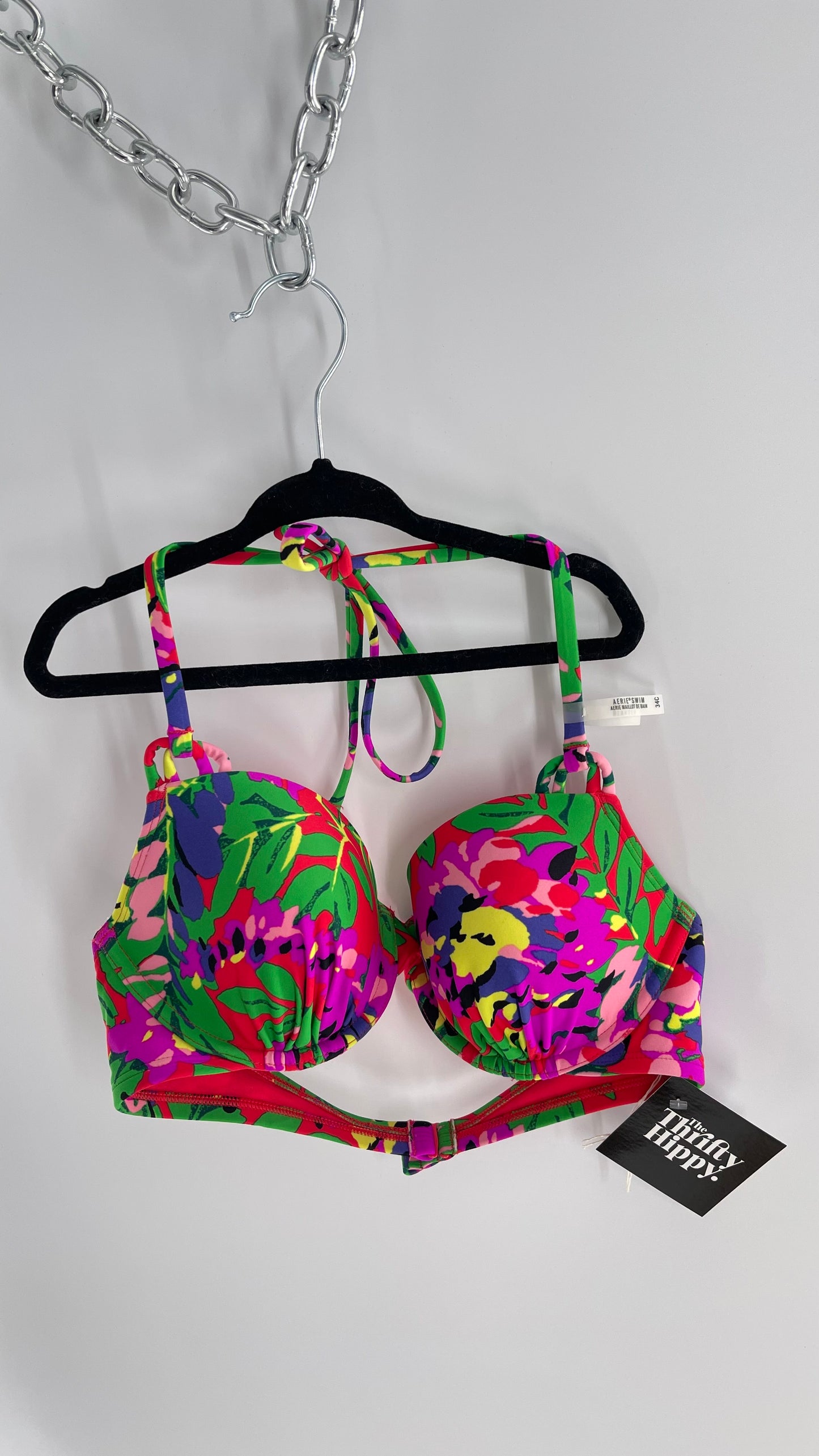 AERIE Red Tropical Underwire Swim Top (34C)