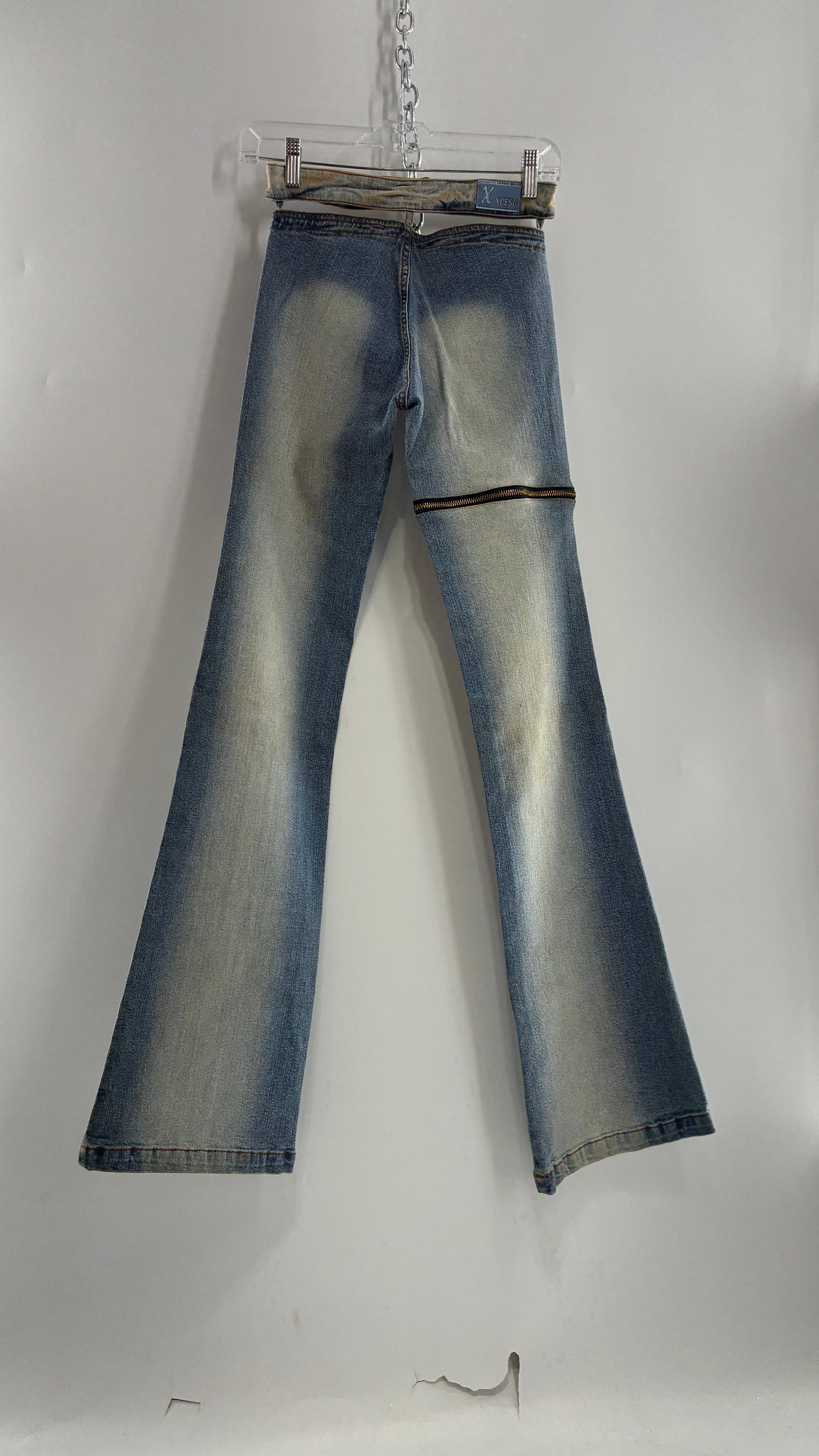 Vintage XCESO JEANS Rare Faded Double Waistband Kickflare Jeans with Functional Zipper Details (Medium*)