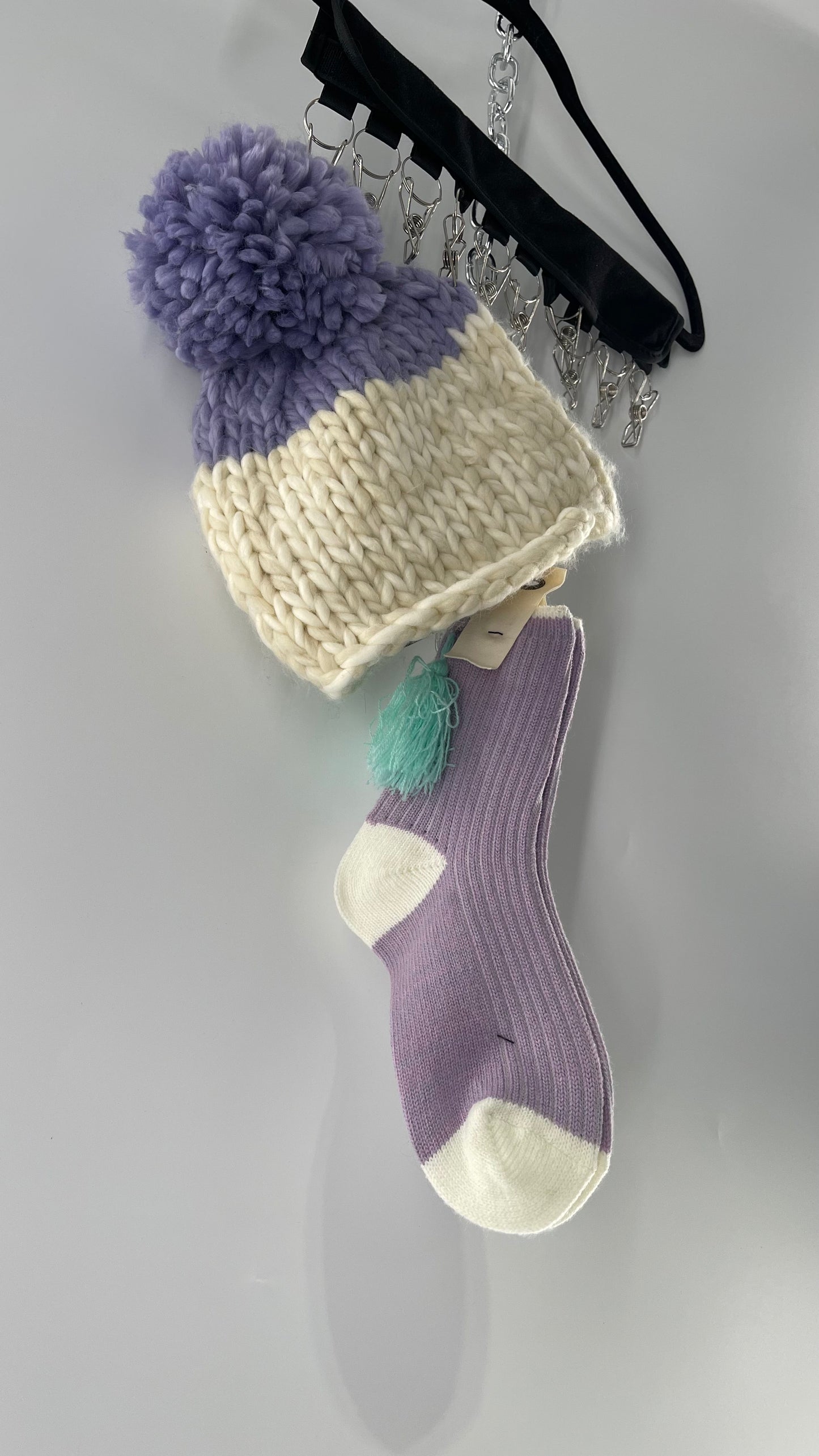 Free People Lavender Purple and White Knit Beanie and Sock Set