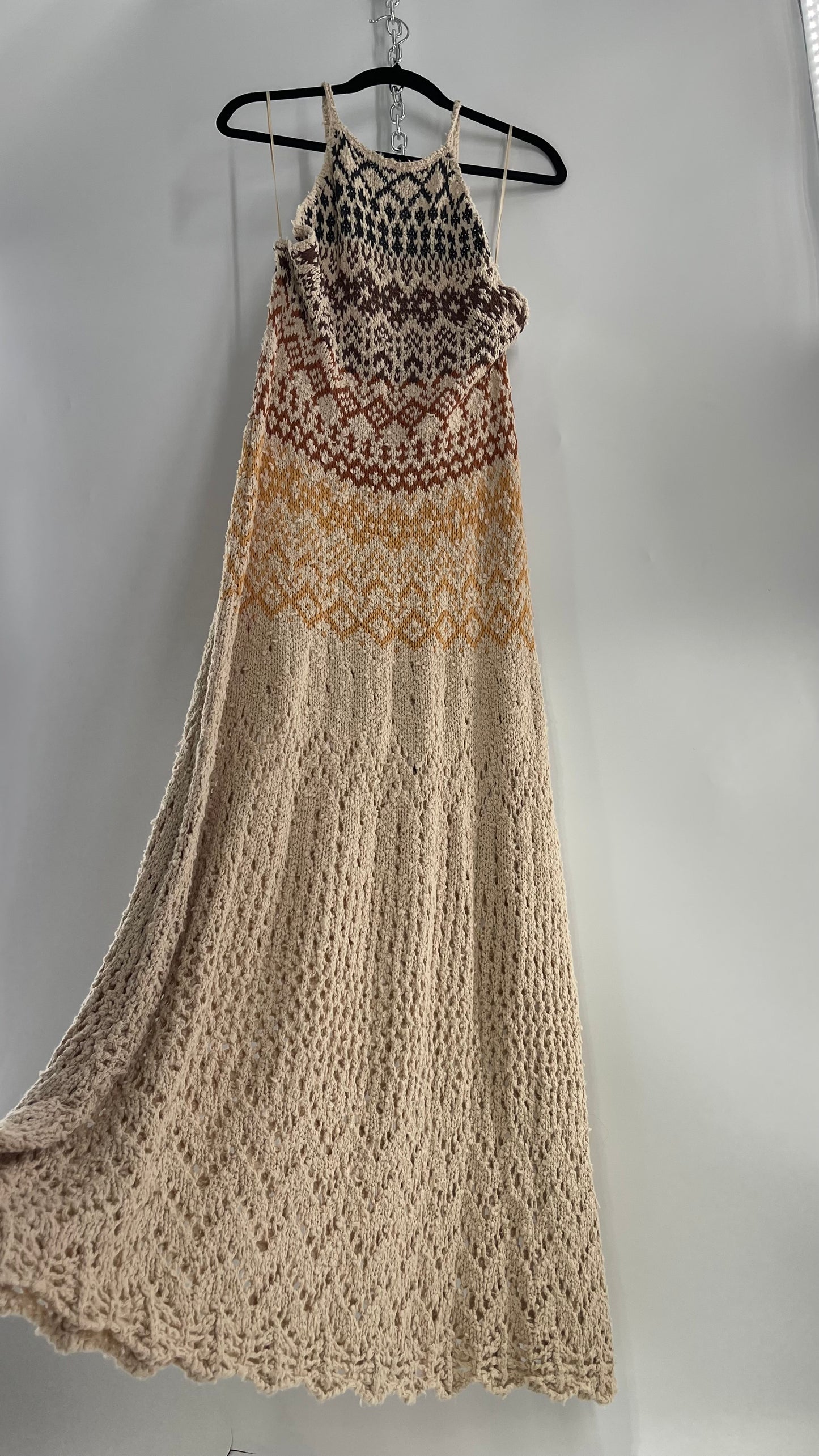 Free People Beige Ikat Oasis Knit Halter Maxi Dress (Small)