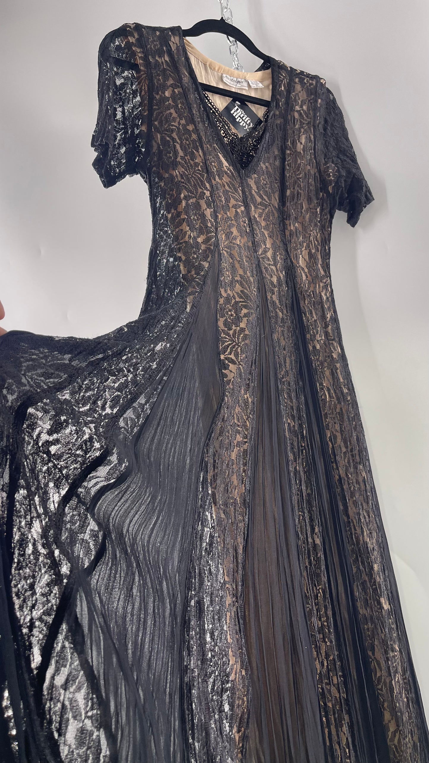 Nostalgia Vintage Black Lace Gown with Pleated Vents and Beige Underlay (Small)