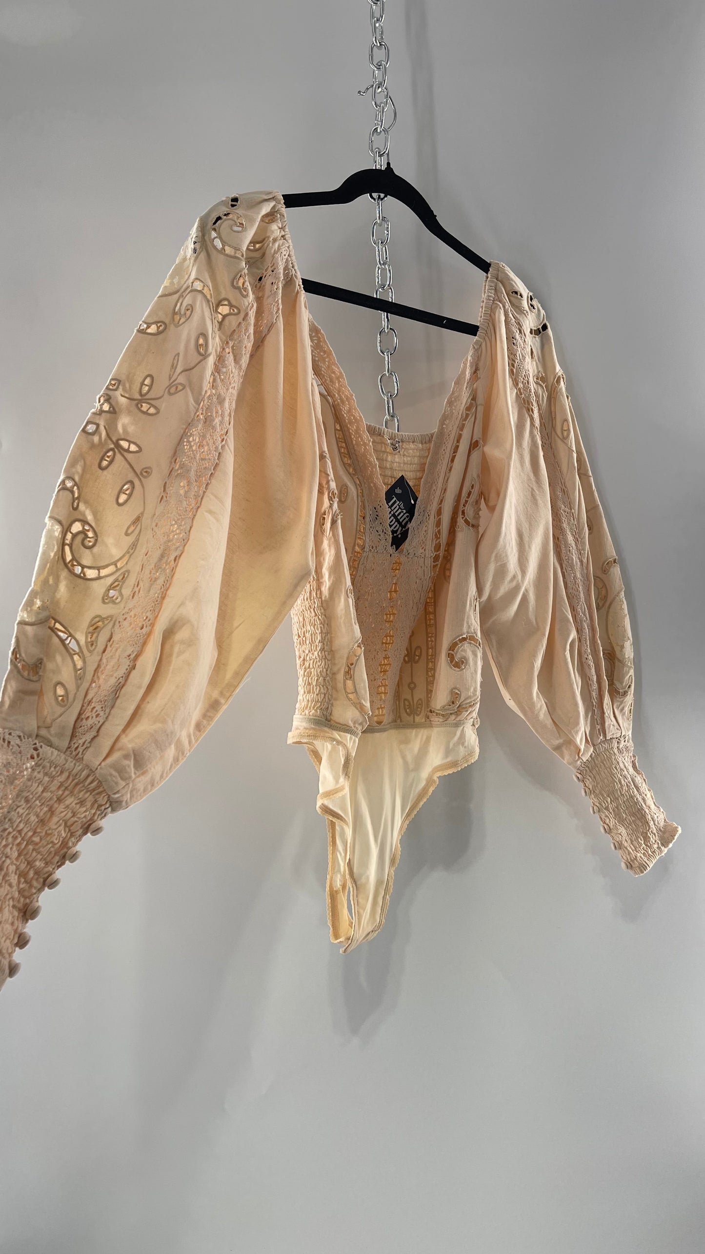 Free People Off White Cotton Bodysuit with Embroidered Lace Balloon Bishop Sleeve and Smocked, Buttoned Cuffs (Large)