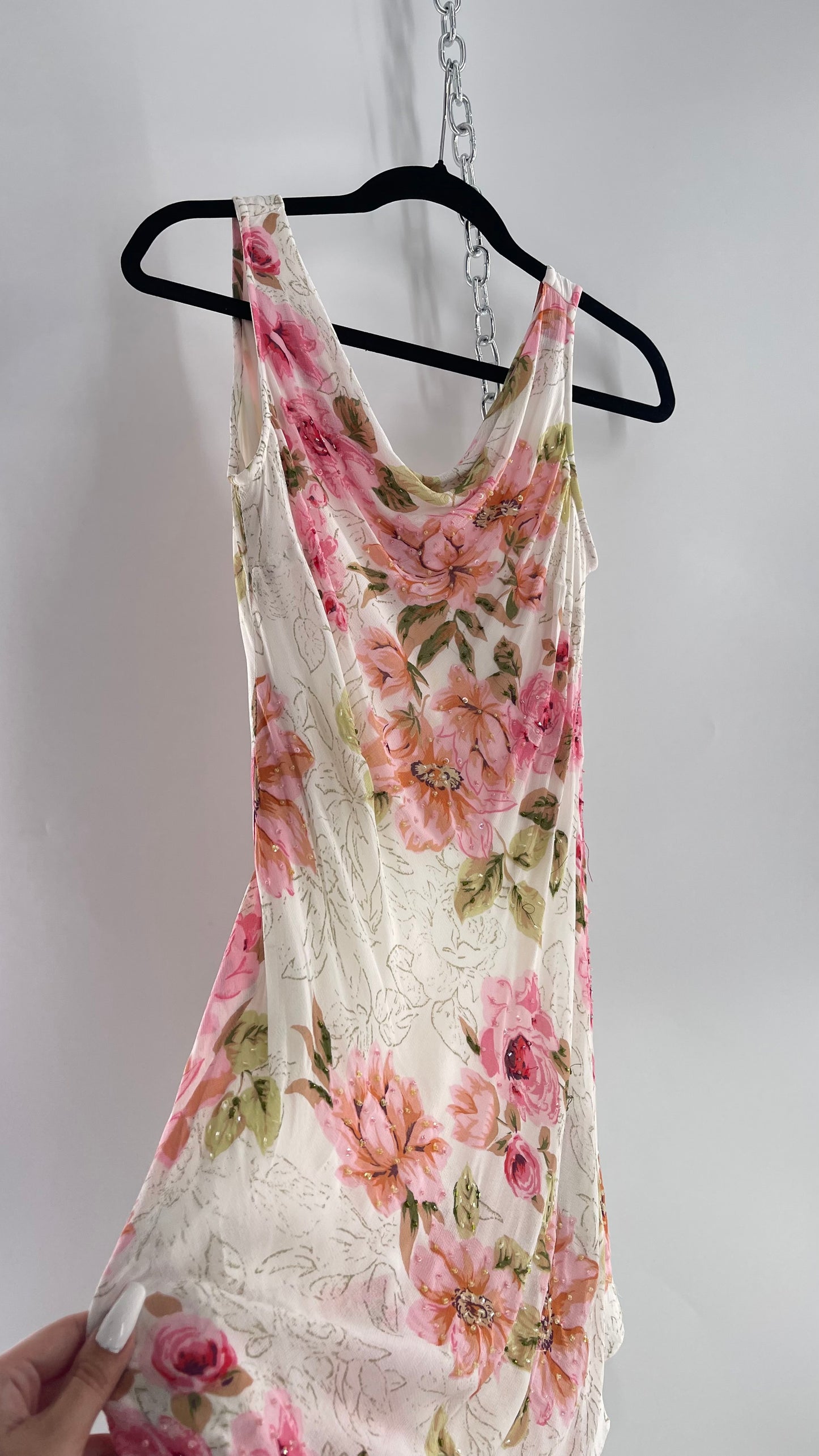 Vintage Eva Blue Pink Floral Draped Neck Sleeveless MIDI with Beading (10)