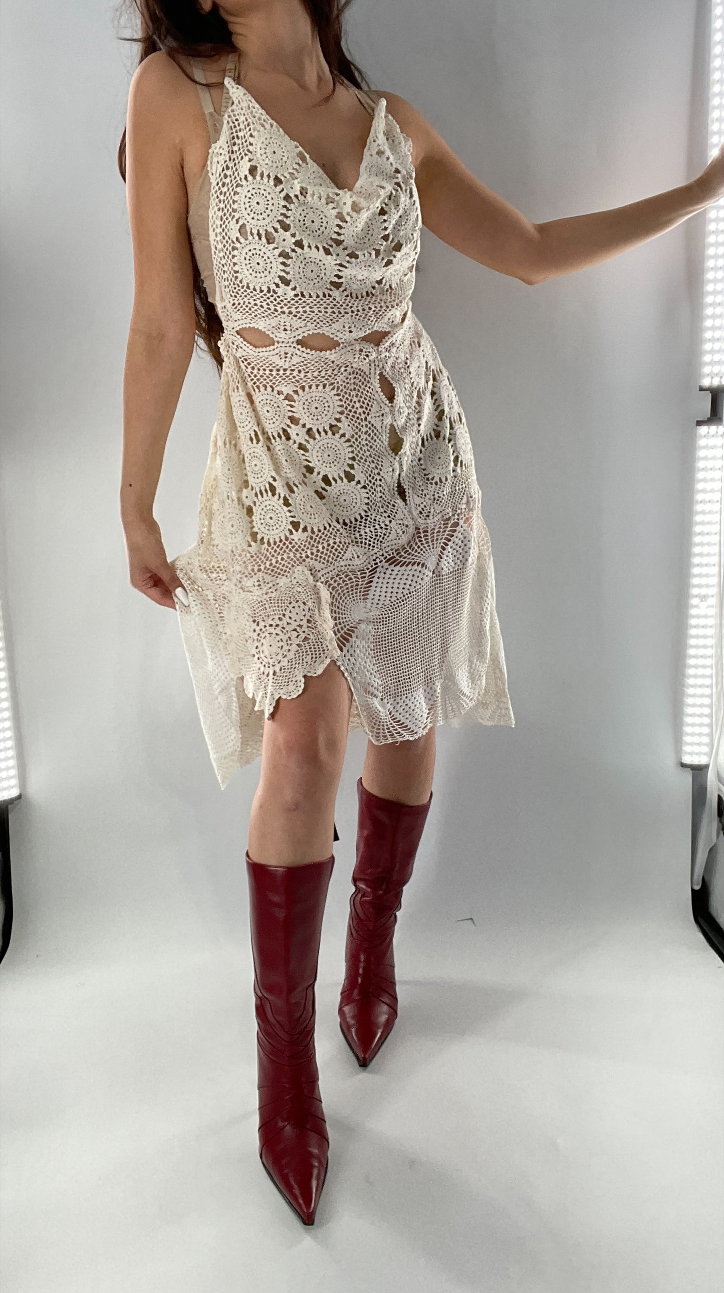 Vintage Handmade Crochet Cottage Adjustable Dress with Open, Low Back (One Size)