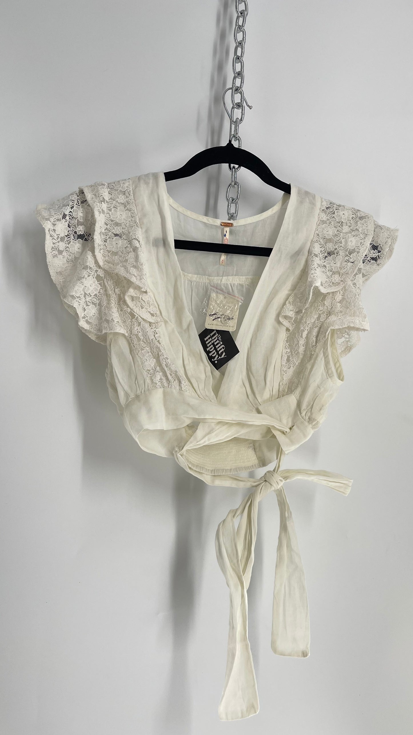 Free People Off White Cotton Tie Around Top with Lace Sleeve Detail and Tags Attached (Small)