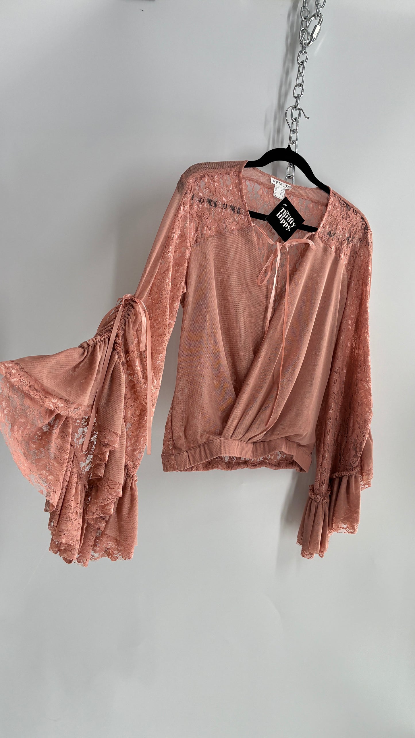 Vintage VENUS Blush Pink Lace Blouse with Voluminous Multi-Layer Bell Sleeves (Medium)