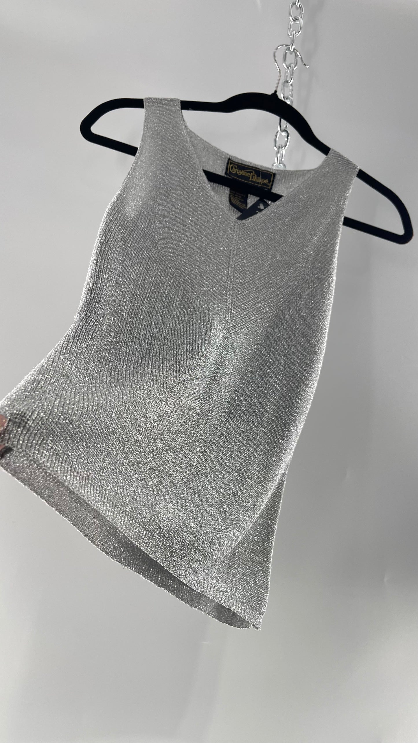 Vintage Christine Phillipe Vintage Metallic Silver Tinsel Knit Tank (Medium)