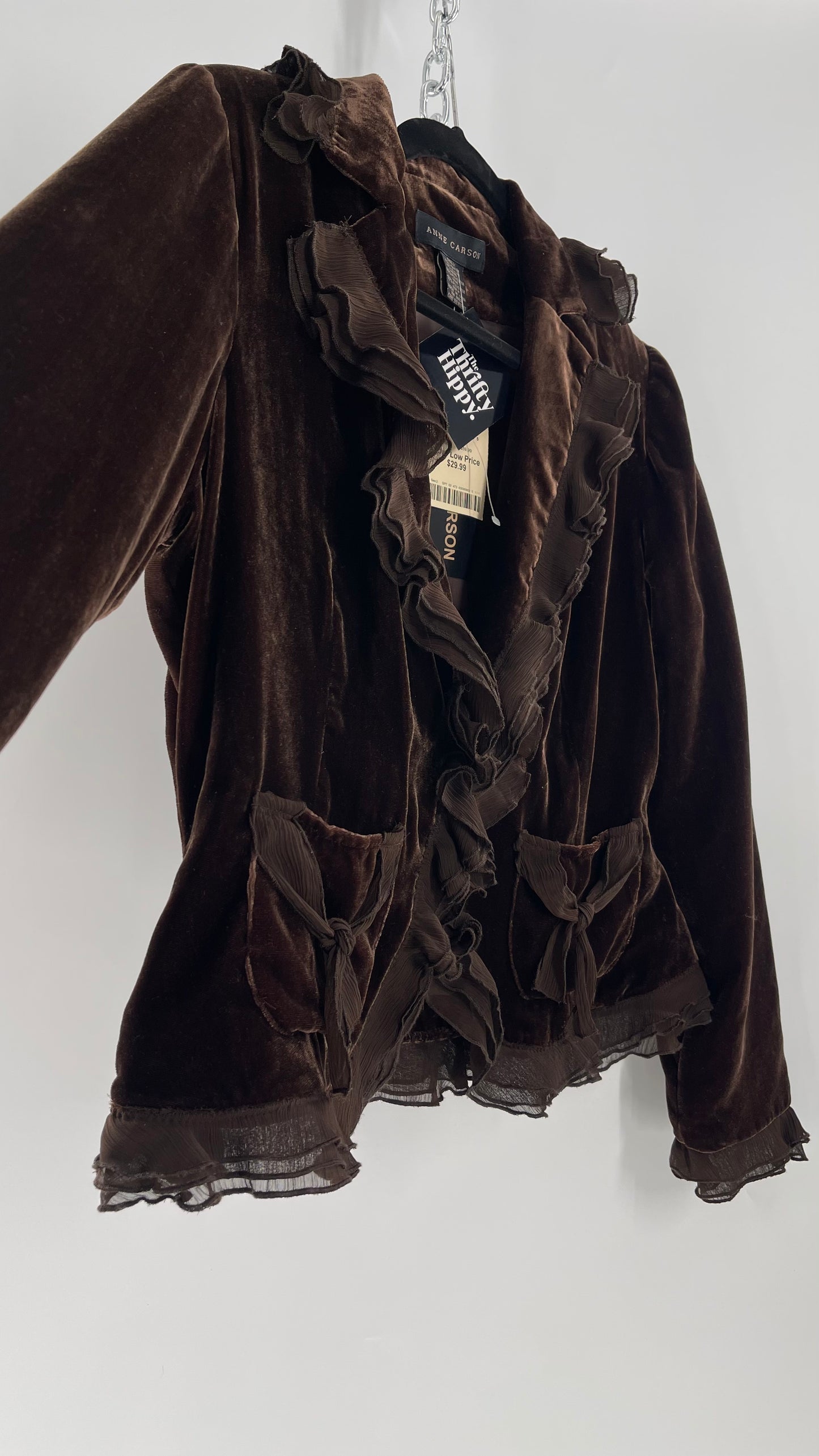 Deadstock Vintage Brown Velvet Anne Carson Blazer with Delicate Crepe Ruffled Hem and Bow Pockets (Medium)