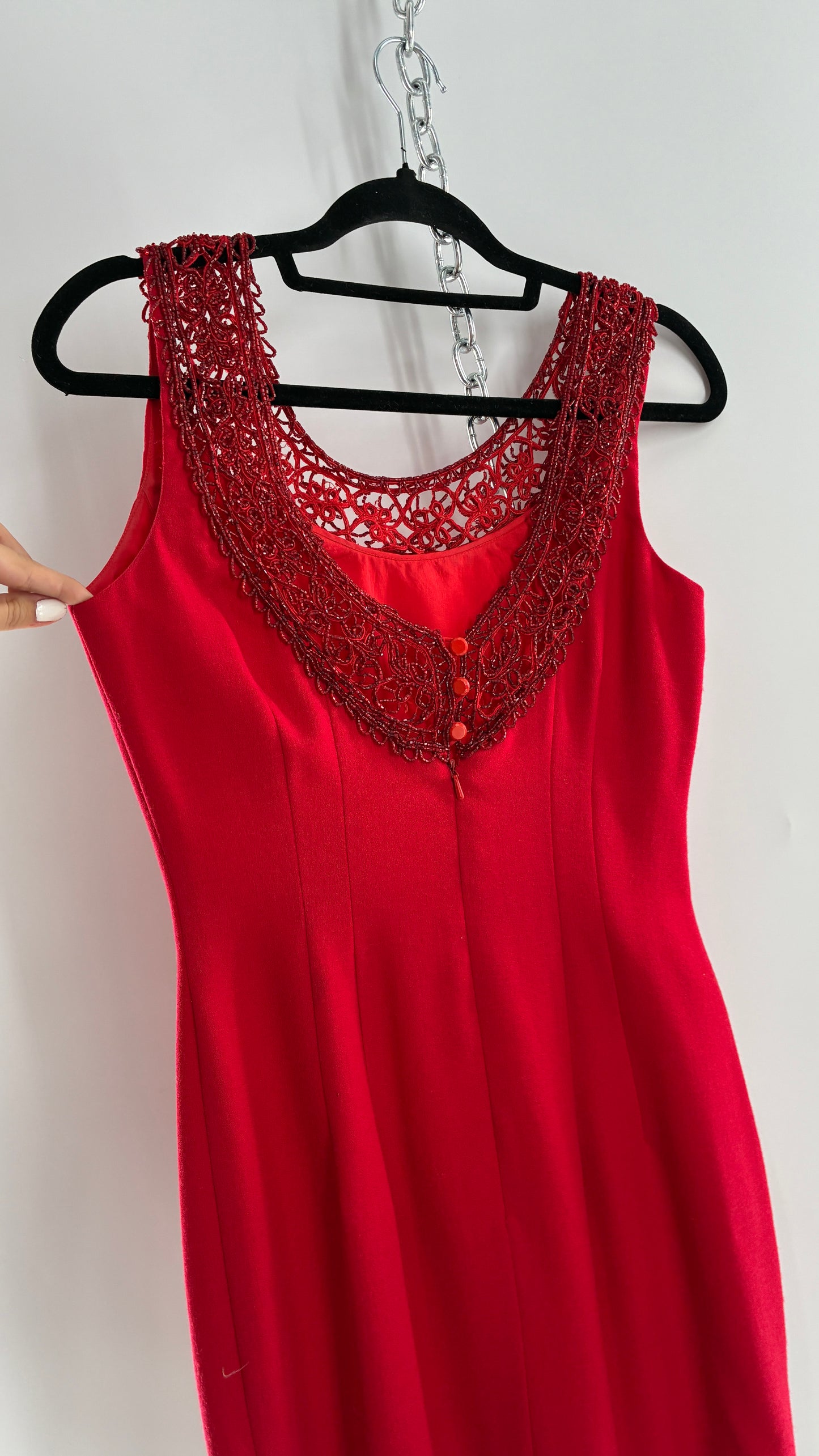 Vintage CARMEN MARC VALVO Red 100% Fitted, Tailored Wool Dress with Beaded Hem and Neckline (6)