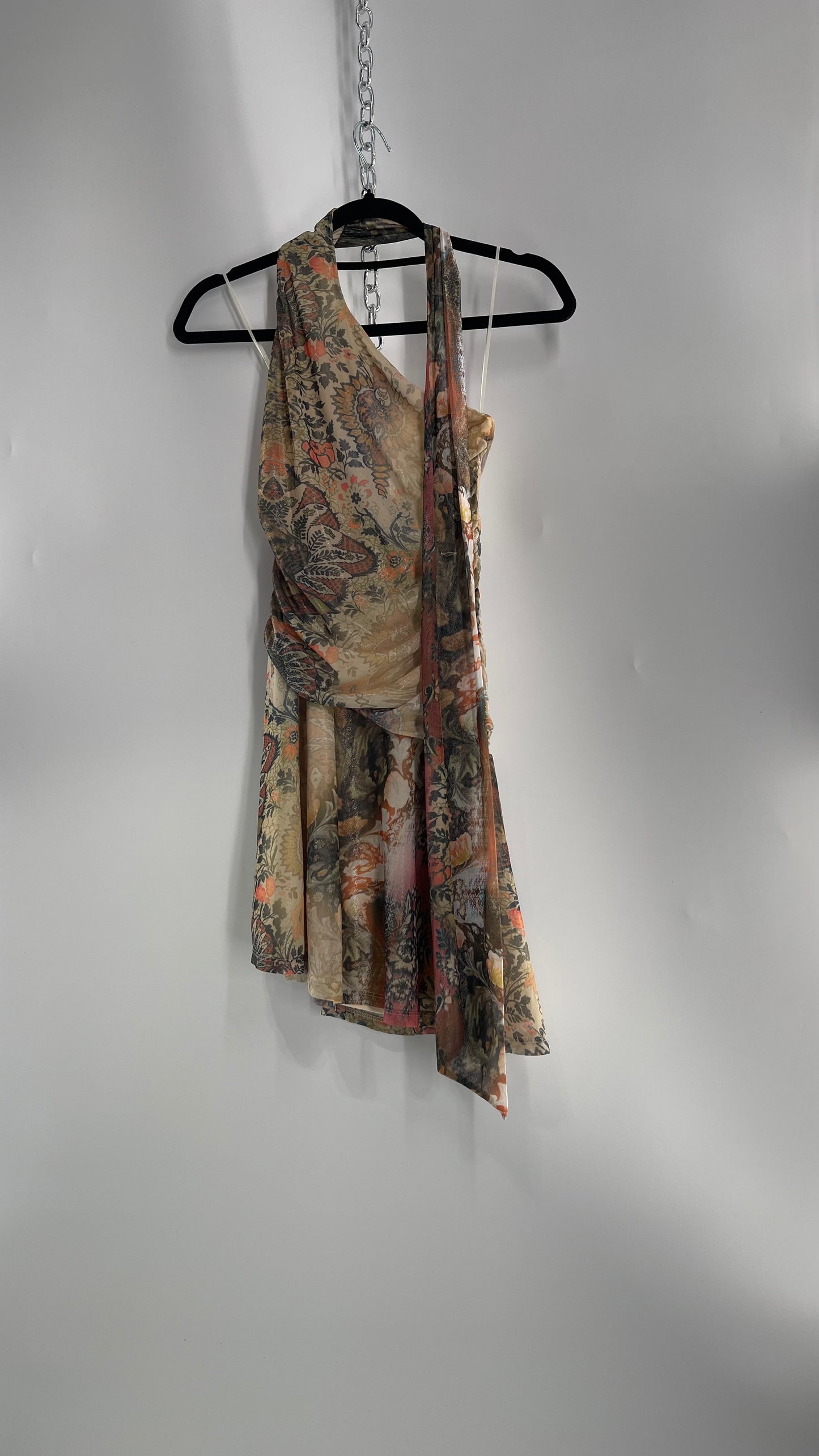 Urban Outfitters All Over 90s Tattoo Graphic Neck Tie Mini Dress with Asymmetric Hem (Medium)