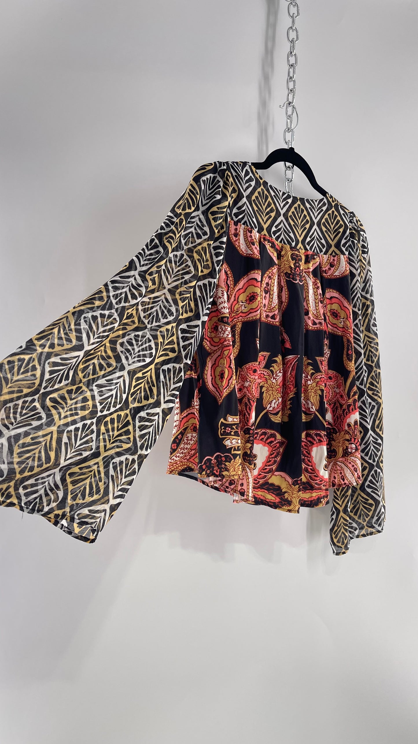 Free People Paisley Bodice Blouse with Sheer Contrast Sleeves, Draping Neckline and Tags Attached (Small)