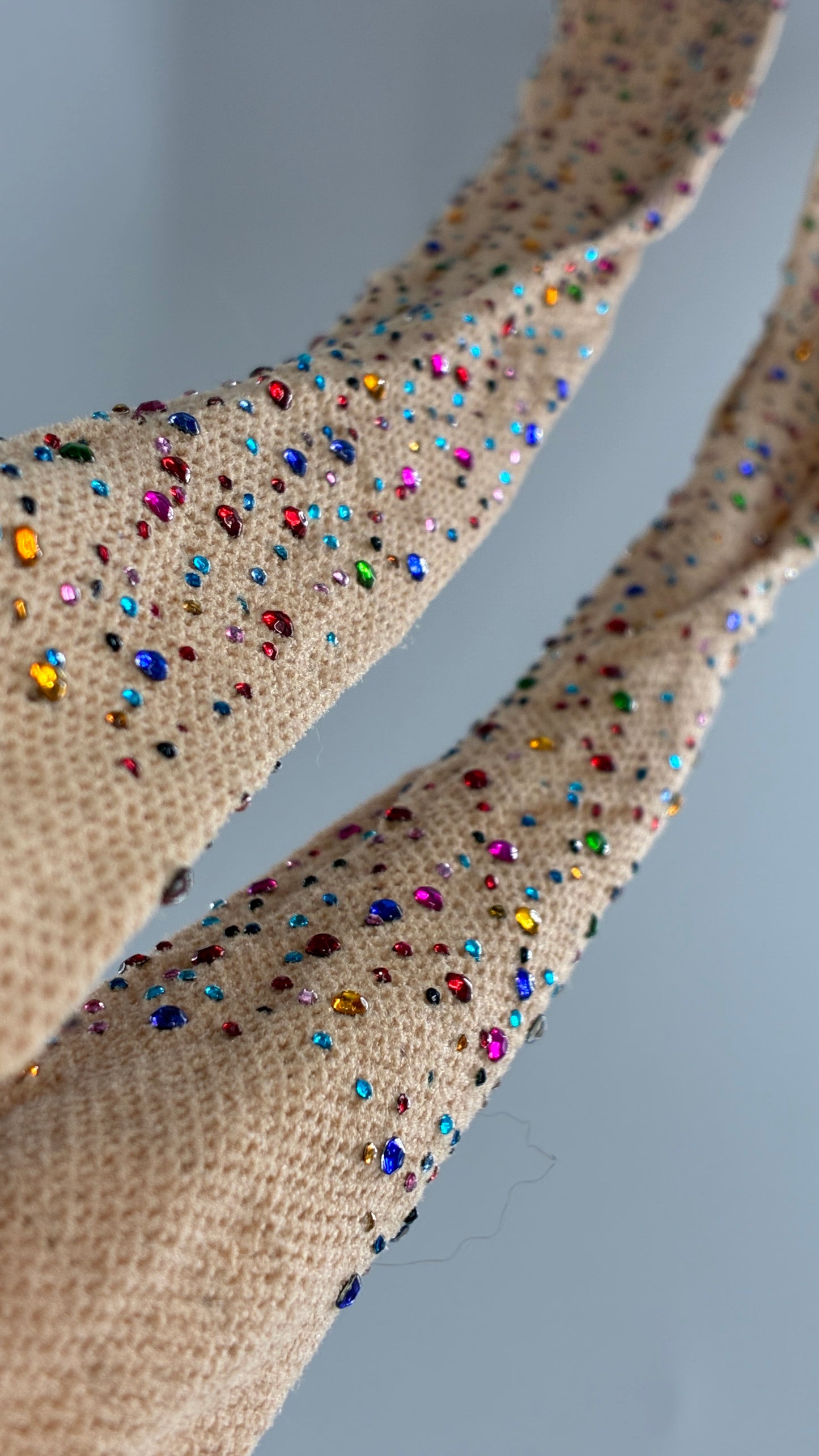 Beige Mesh Tights with All-Over Multicolored Rhinestones