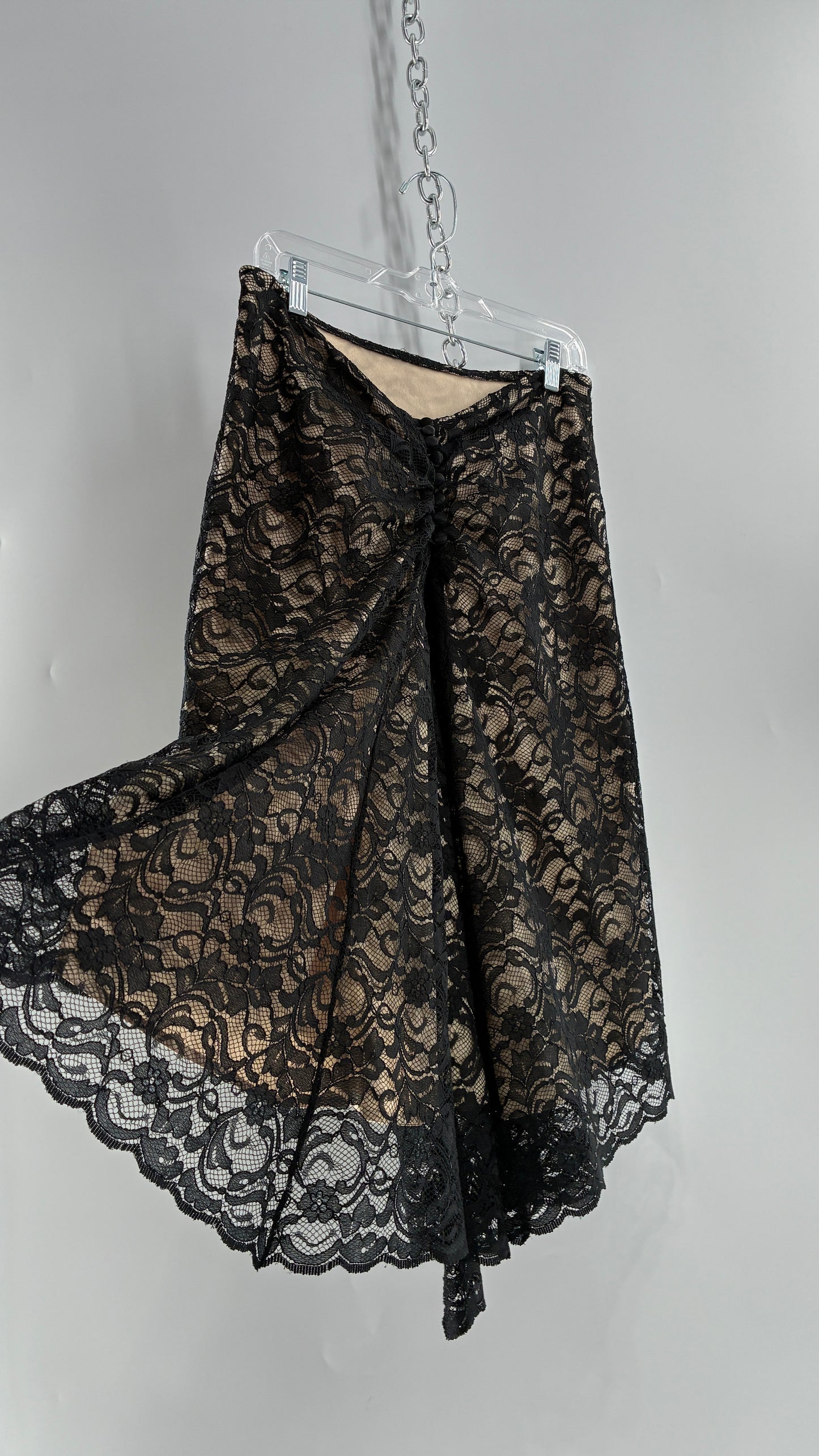 Vintage HEART MOON STARS Black Lace Overlay + Nude Underlay Skirt with Low Wired Back, Ruched Bum, and Button Down Back(8)