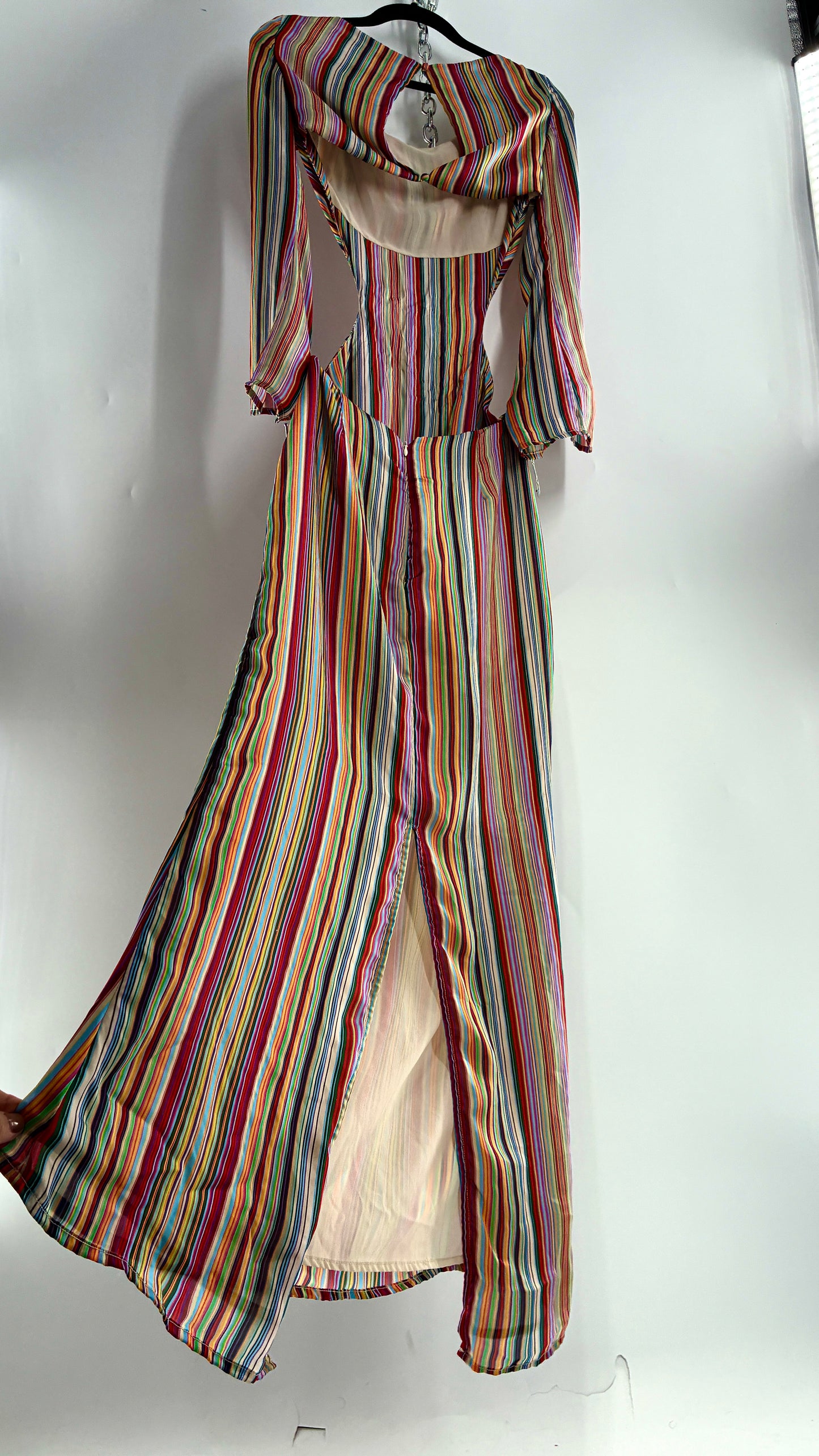 WINTERMUSE Daphne Multicolored Striped Silky Backless Cutout Dress (4)
