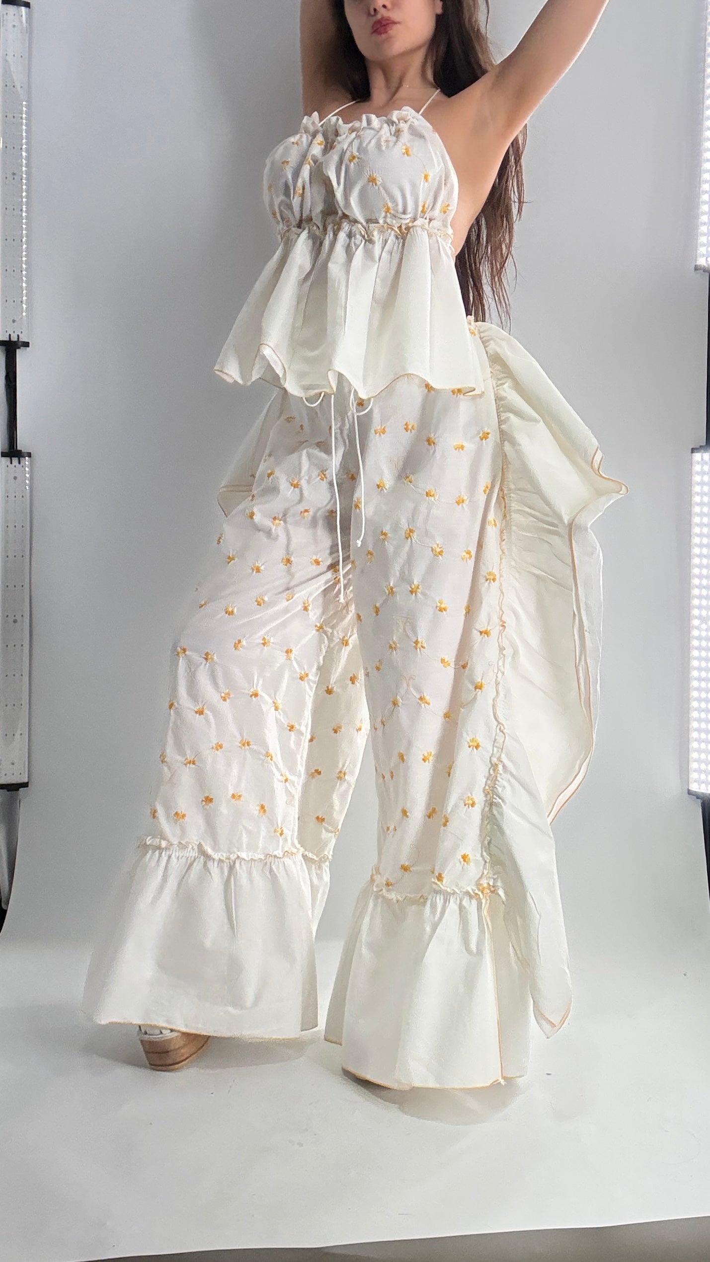 Vintage Handmade Angeline 2pc Set with Ruffled Pant, Embroidered Daisy Pattern, and Bustier Camisole with Adjustable Drawstring Bustline and Waistline (XS-L)
